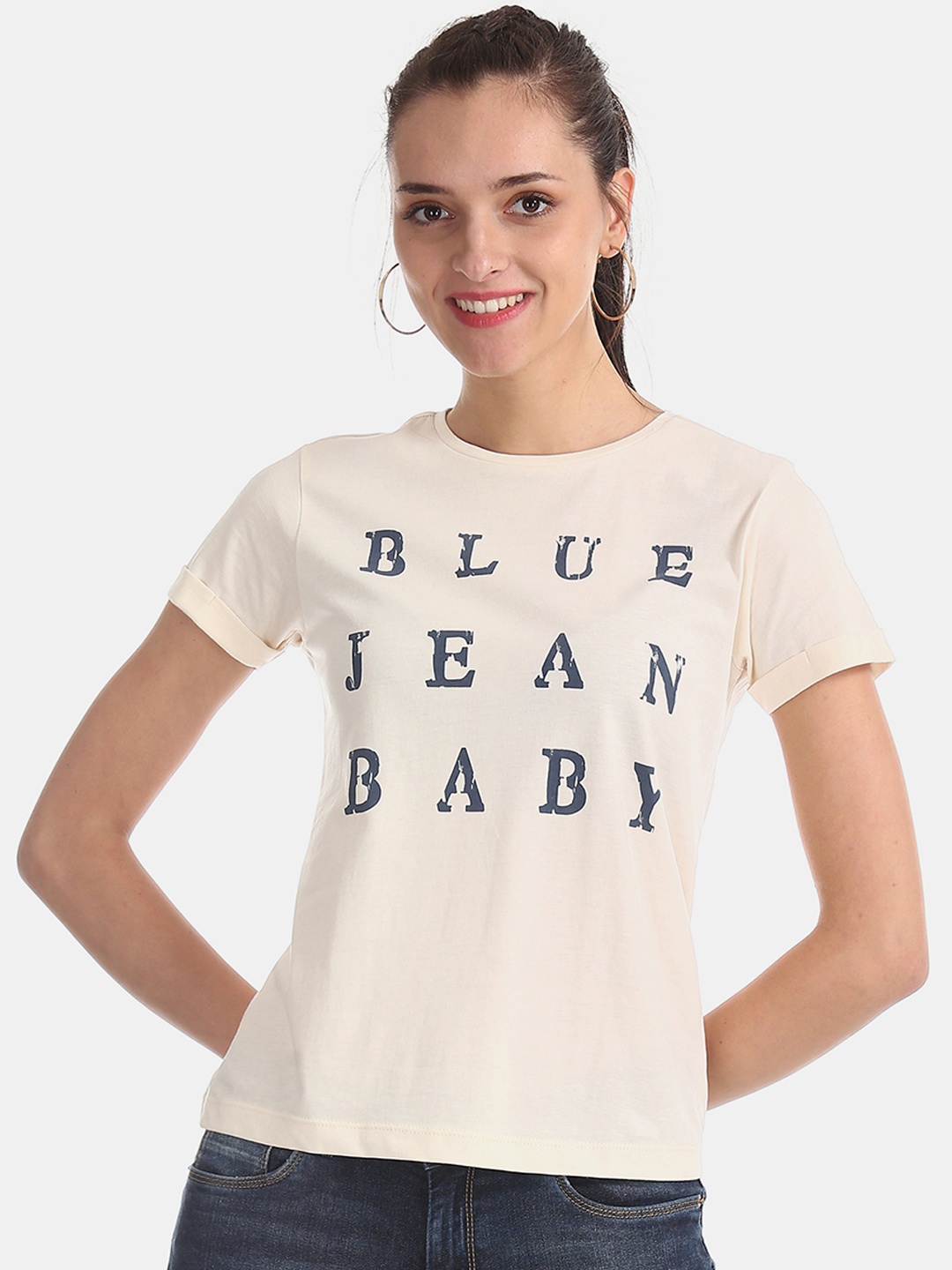 

Flying Machine Women White Printed Round Neck Pure Cotton T-shirt