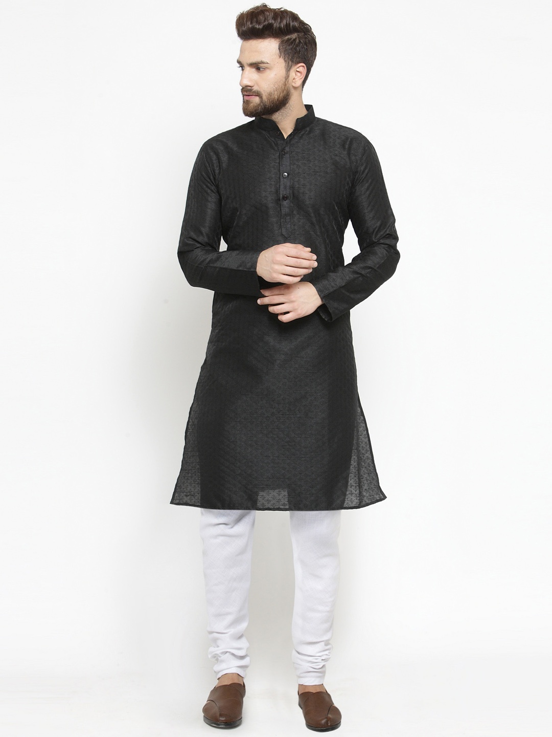

TREEMODA Men Black & White Self Design Linen Kurta with Pyjamas