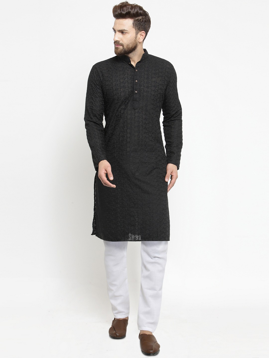 

TREEMODA Men Black & White Embroidered Chikankari Linen Kurta with Pyjamas