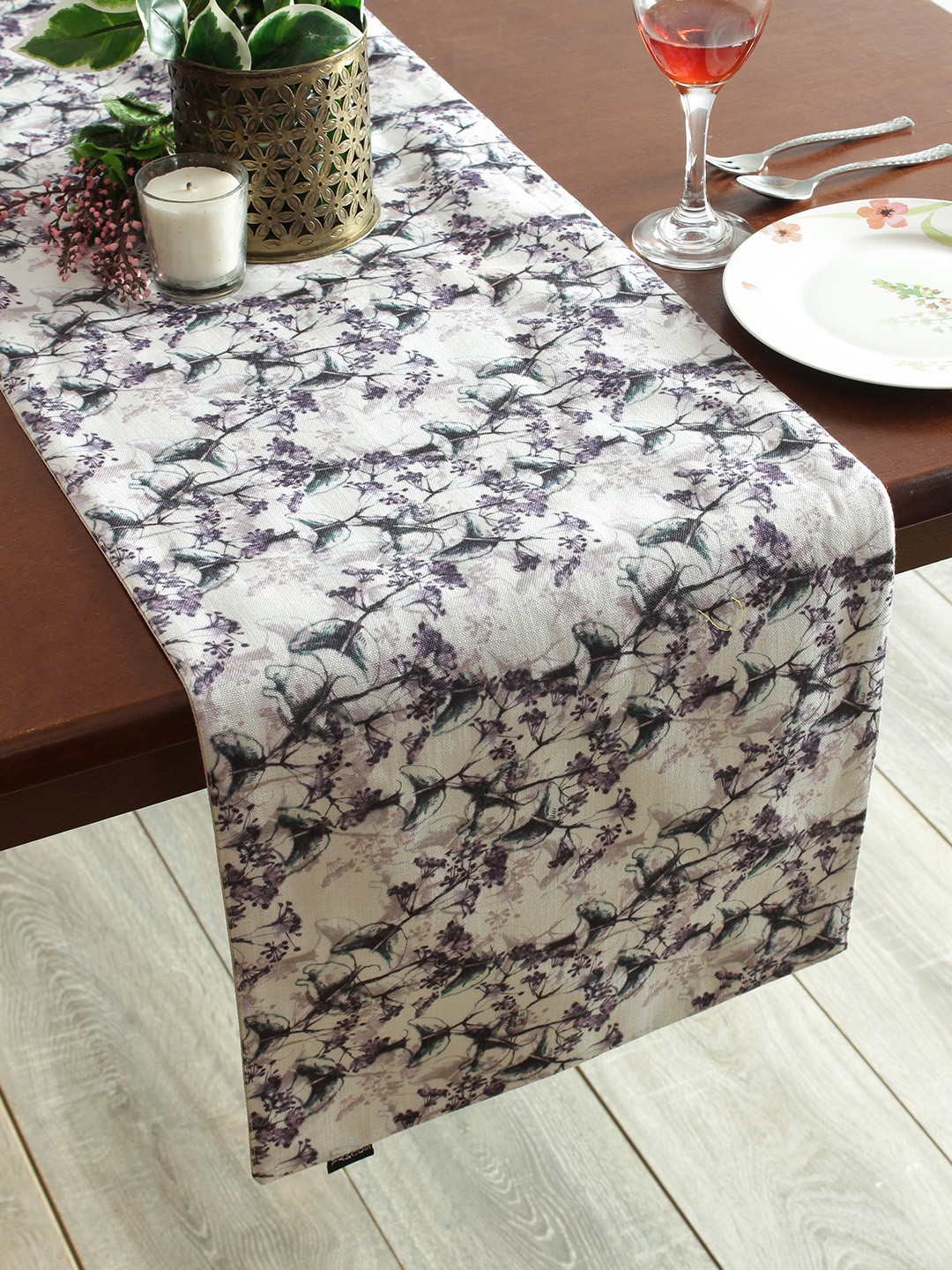 Soumya Grey Printed 200TC 6-Seater Table Runner