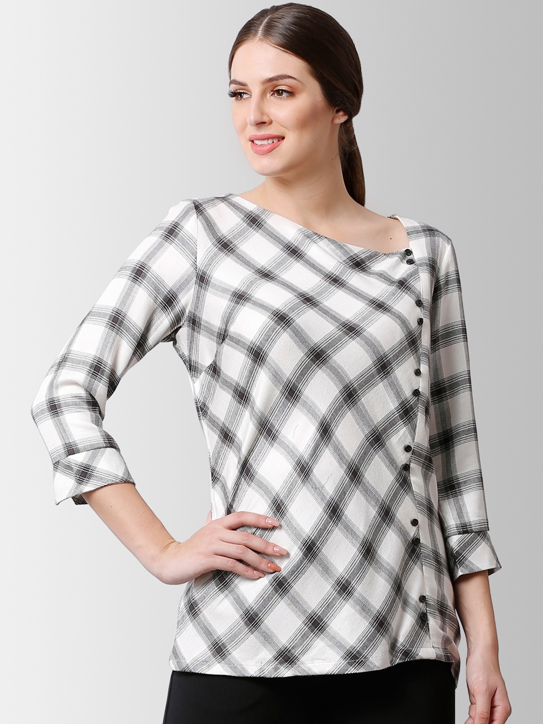 

FableStreet Women White Monochrome Checked Top