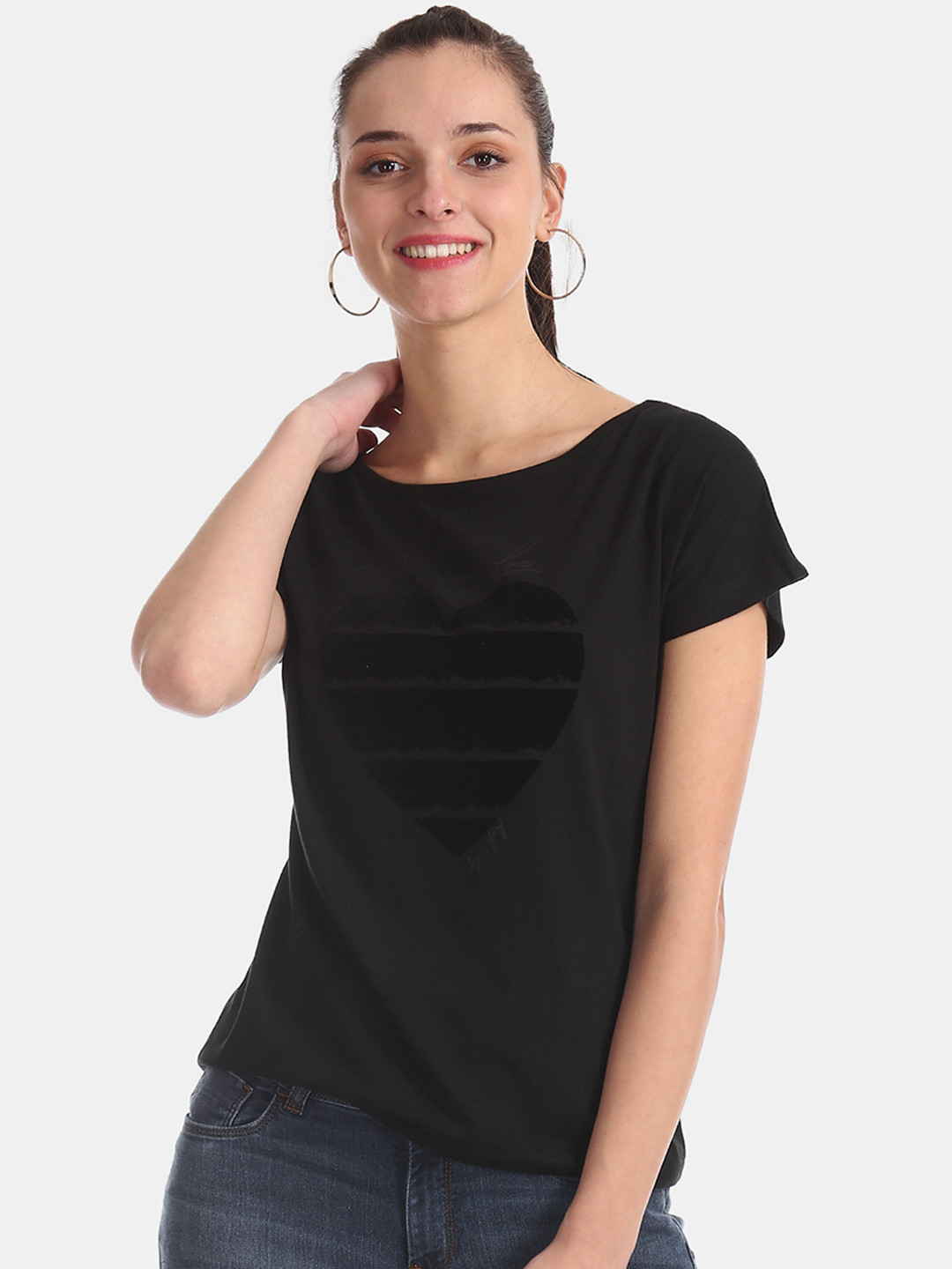 

Flying Machine Women Black Printed Round Neck Pure Cotton T-shirt