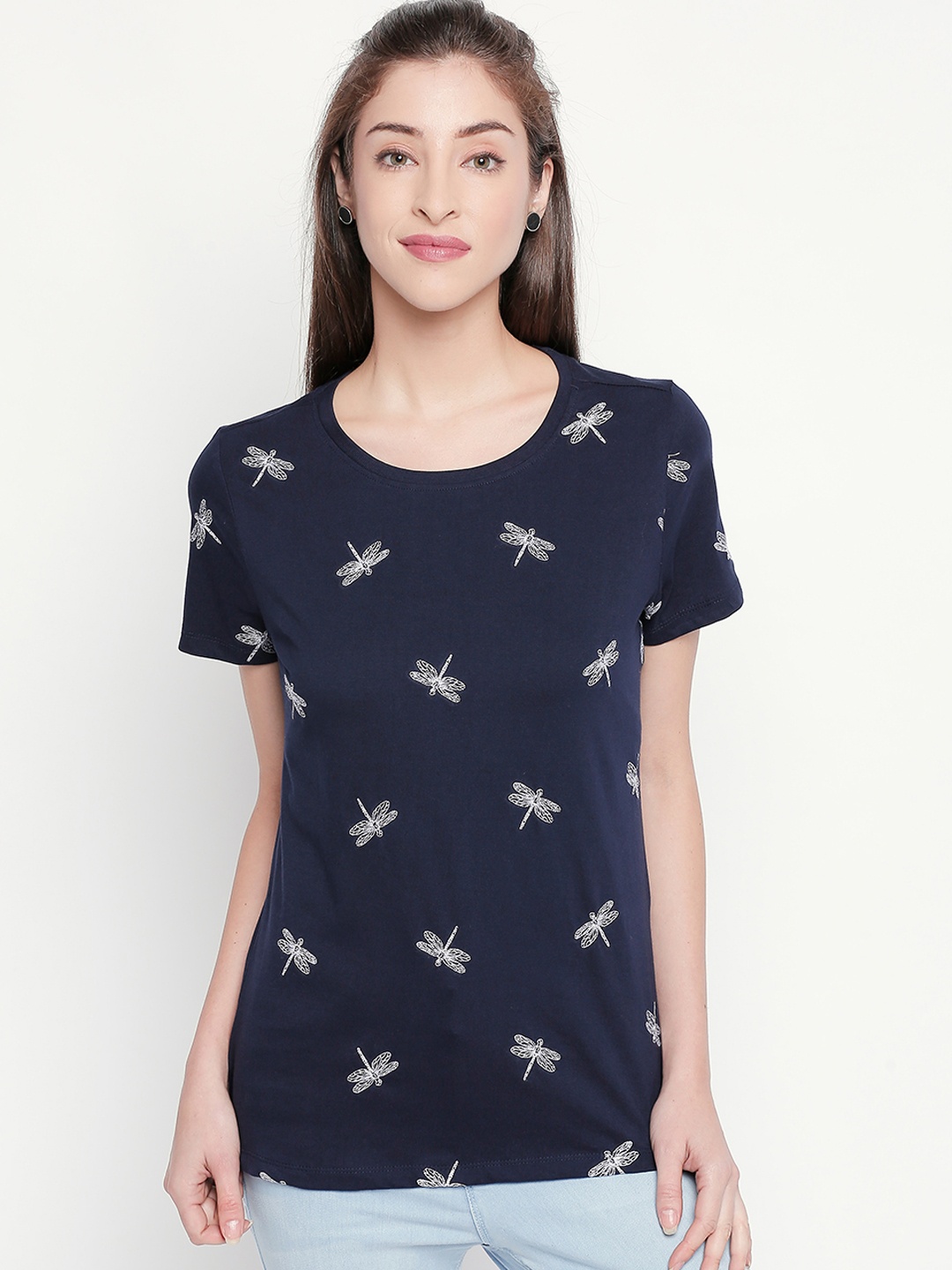 

Honey by Pantaloons Women Navy Blue and White Printed Round Neck Pure Cotton T-shirt