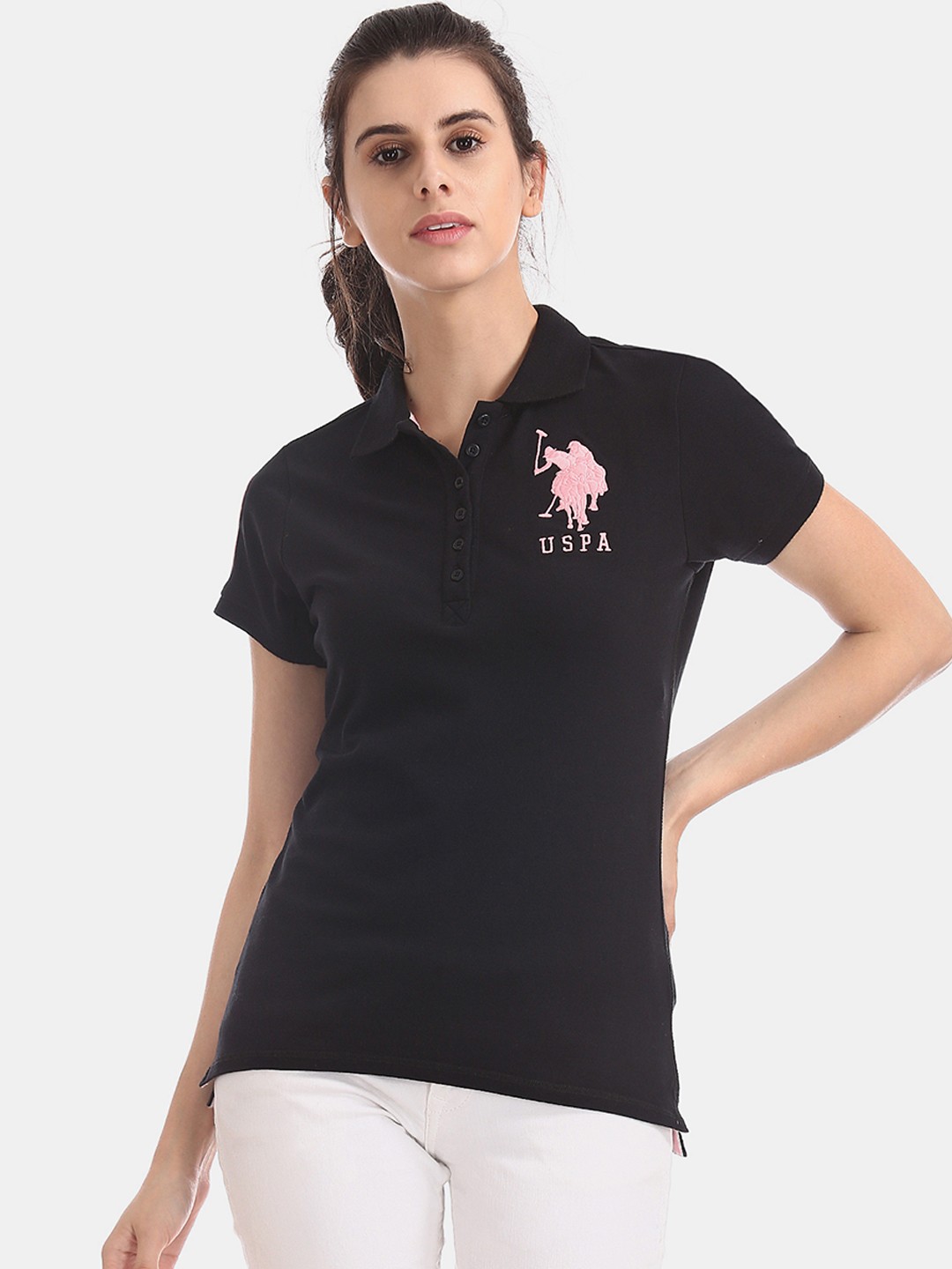

U.S. Polo Assn. Women Women Black Solid Polo Collar T-shirt