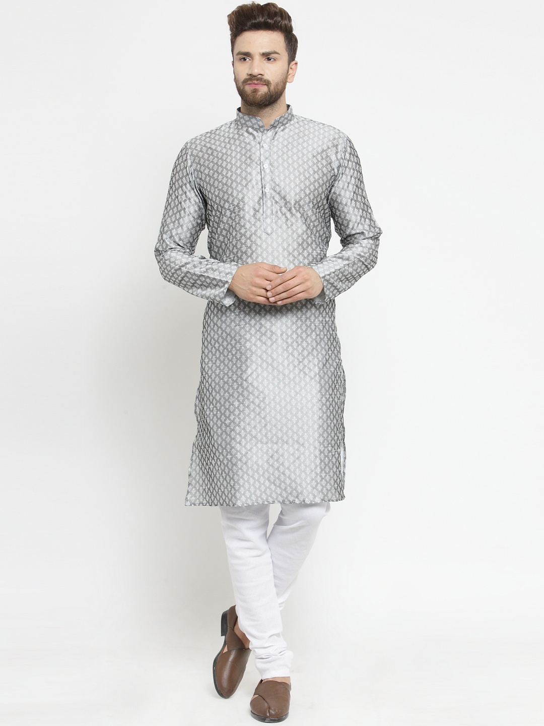 

TREEMODA Men Grey & White Self Design Brocade Linen Kurta with Churidar