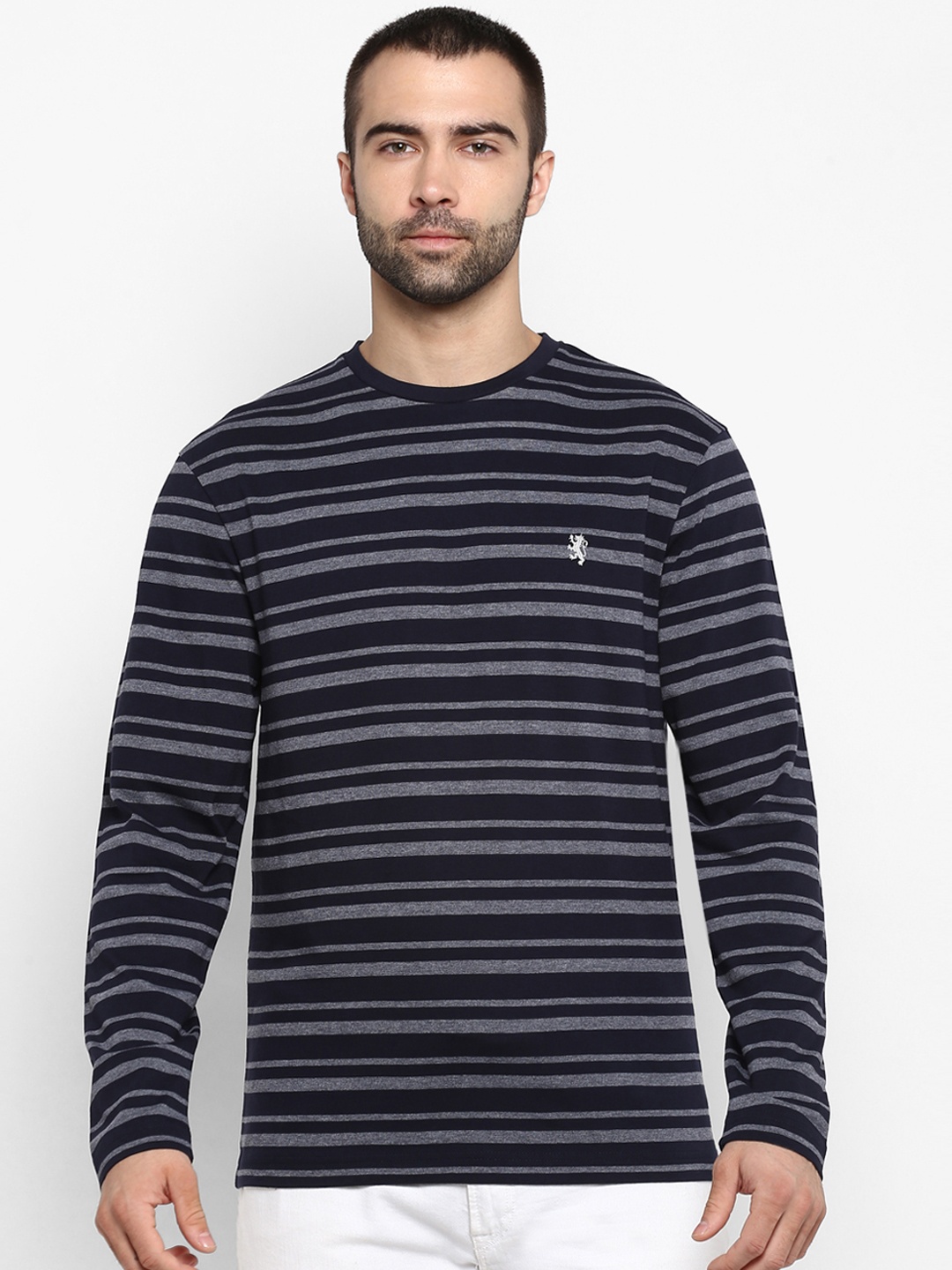 

Red Tape Men Navy Blue & Grey Striped Round Neck T-shirt