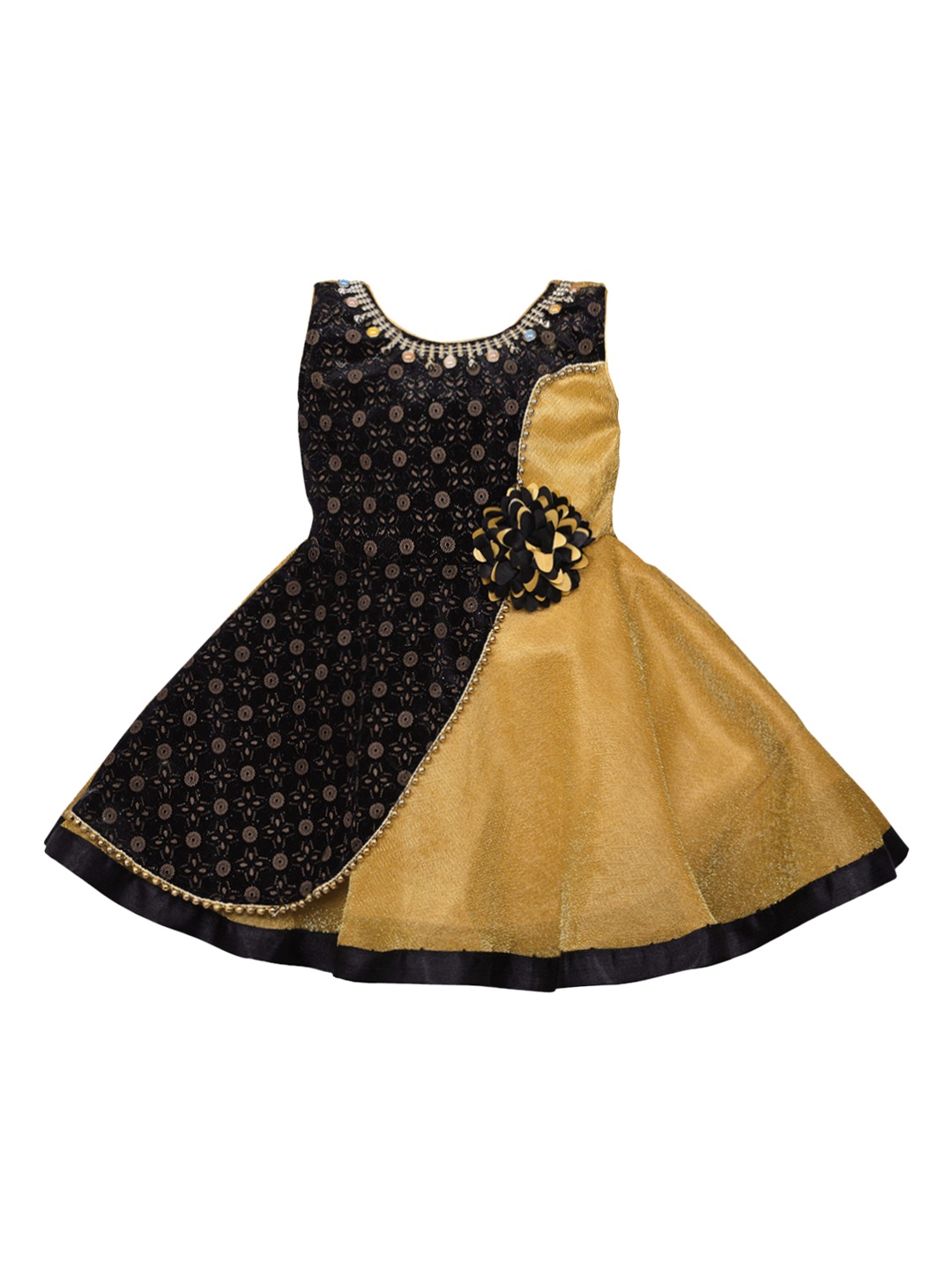 

Wish Karo Girls Gold-Toned & Black Printed Fit and Flare Dress