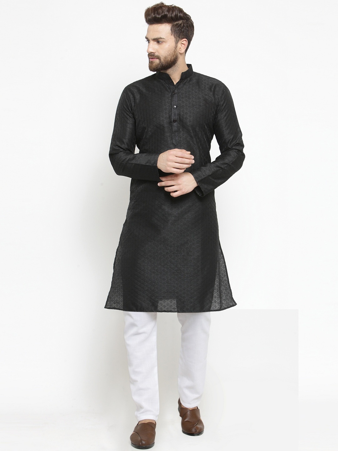 

TREEMODA Men Black & White Self Design Linen Kurta with Pyjamas