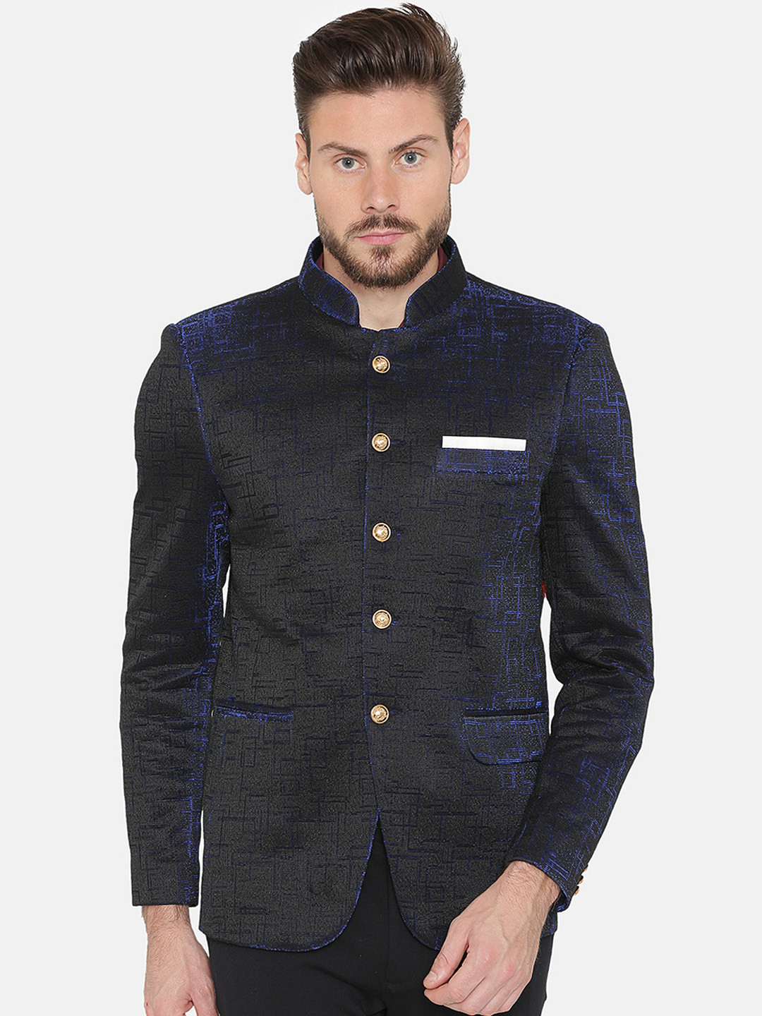 

Wintage Men Blue Self-Design Regular-Fit Bandhgala Blazer