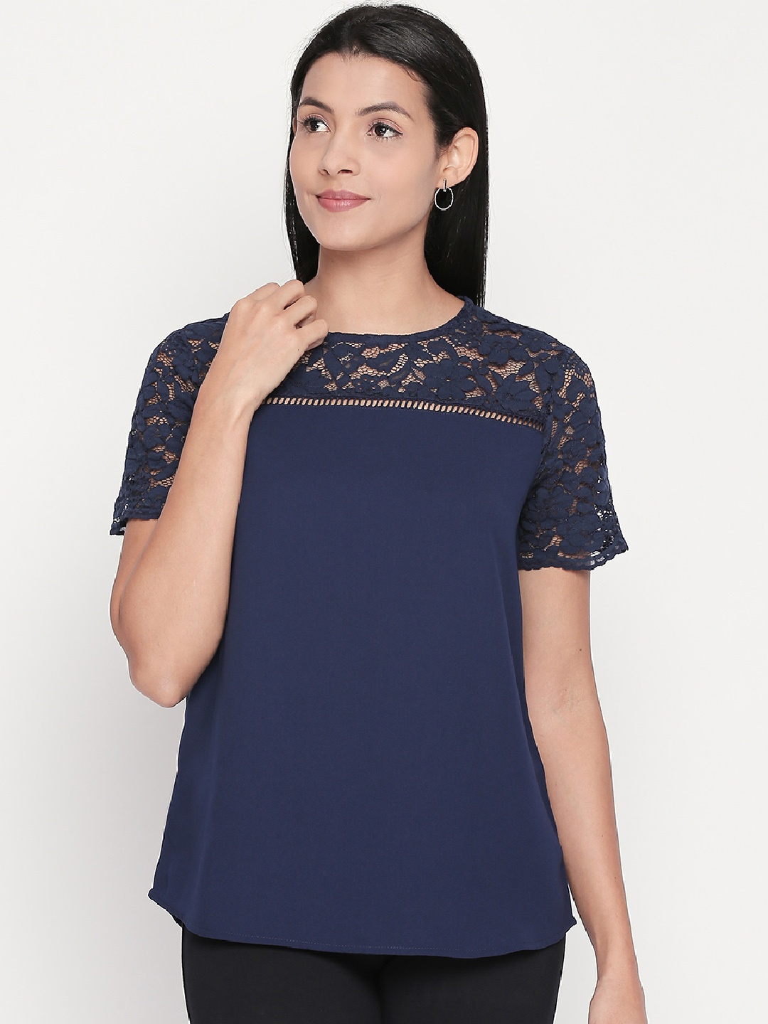 

Annabelle by Pantaloons Women Navy Blue Solid Top with Lace