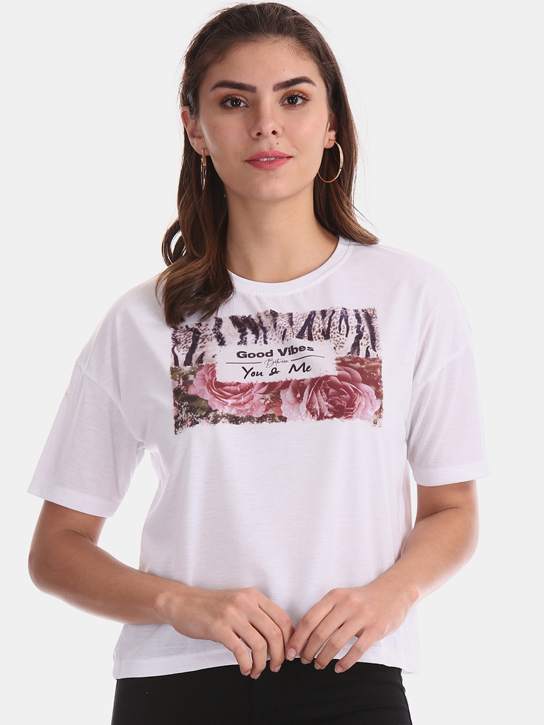 

Flying Machine Women White Printed Round Neck T-shirt