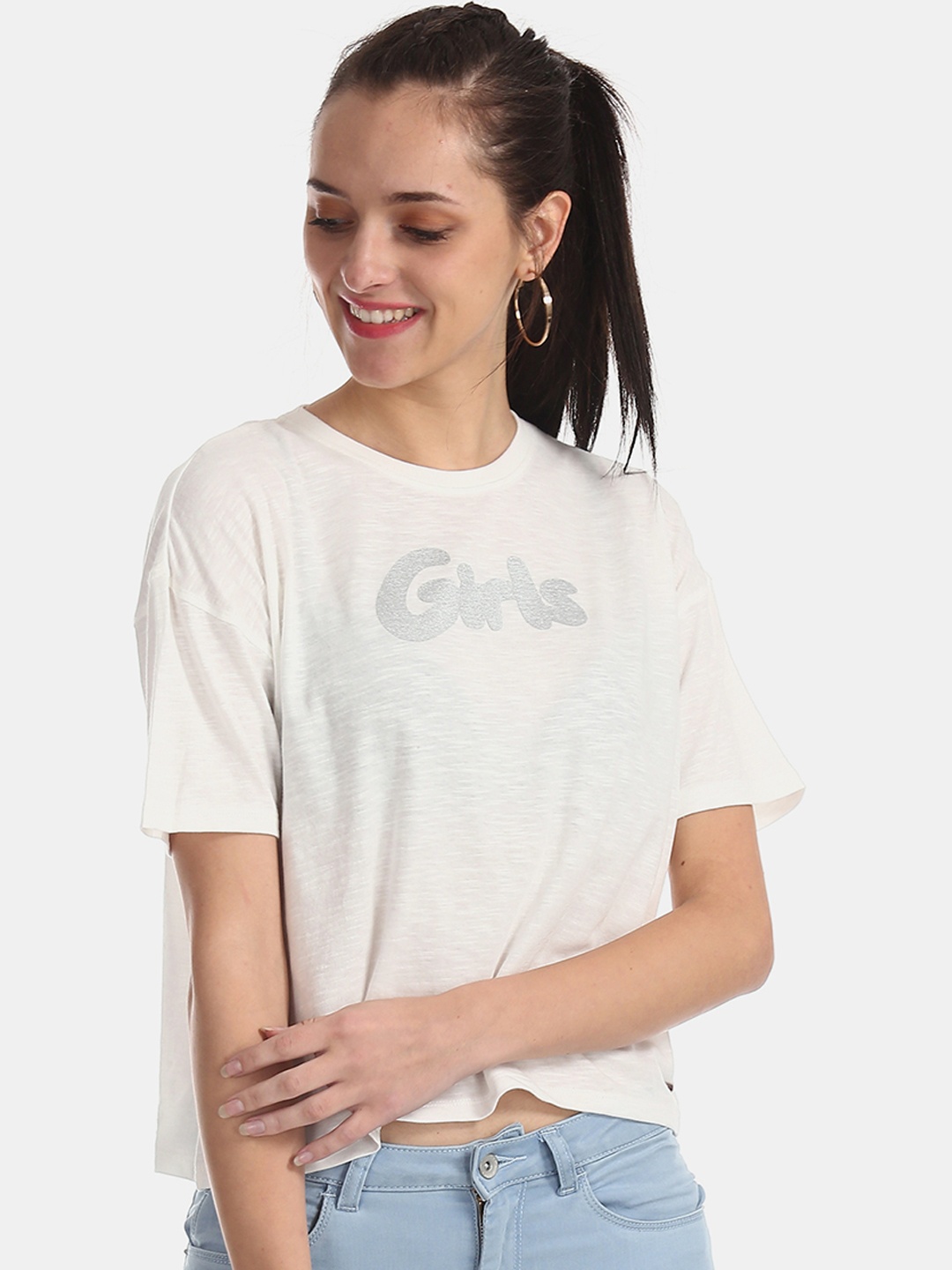 Flying Machine Women White Printed Round Neck Pure Cotton T-shirt