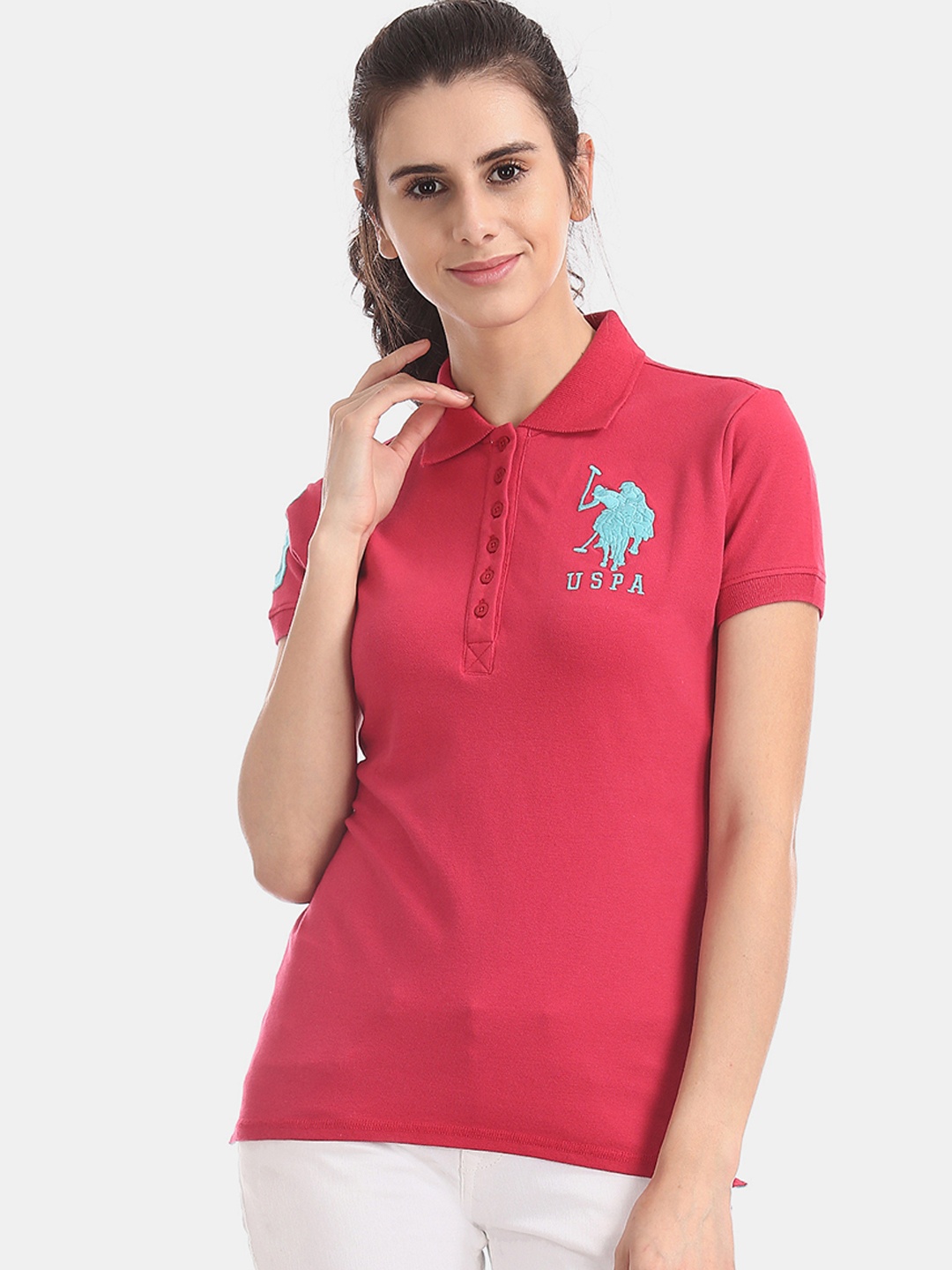 

U.S. Polo Assn. Women Women Pink Solid Polo Collar T-shirt