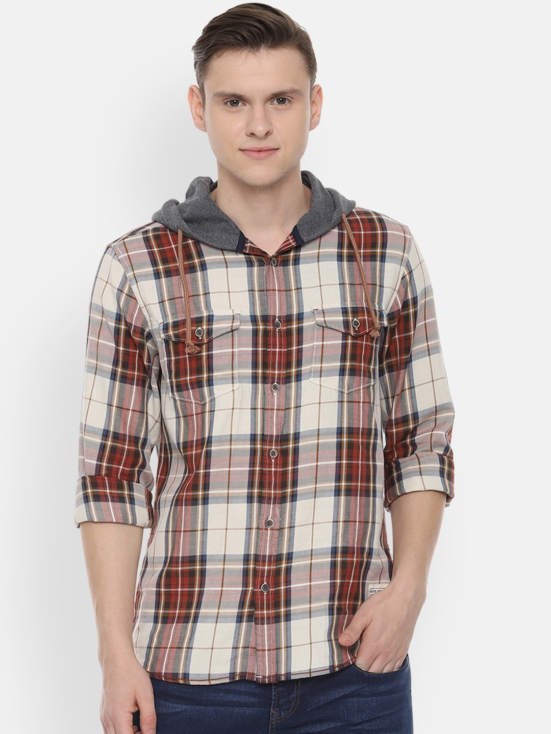 

People Men Beige Regular Fit Checked Casual Shirt