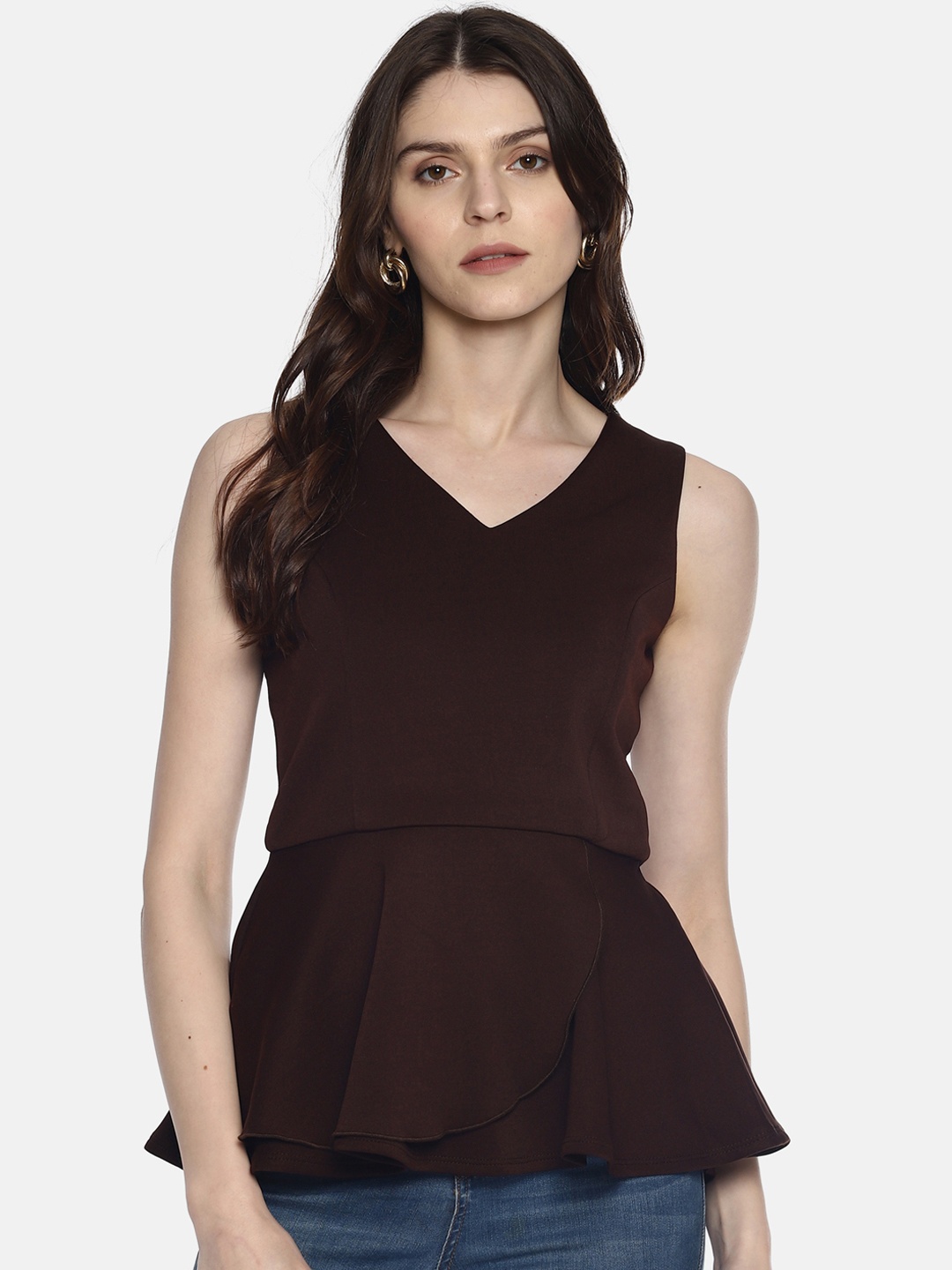

AARA Women Coffee Brown Solid Peplum Top