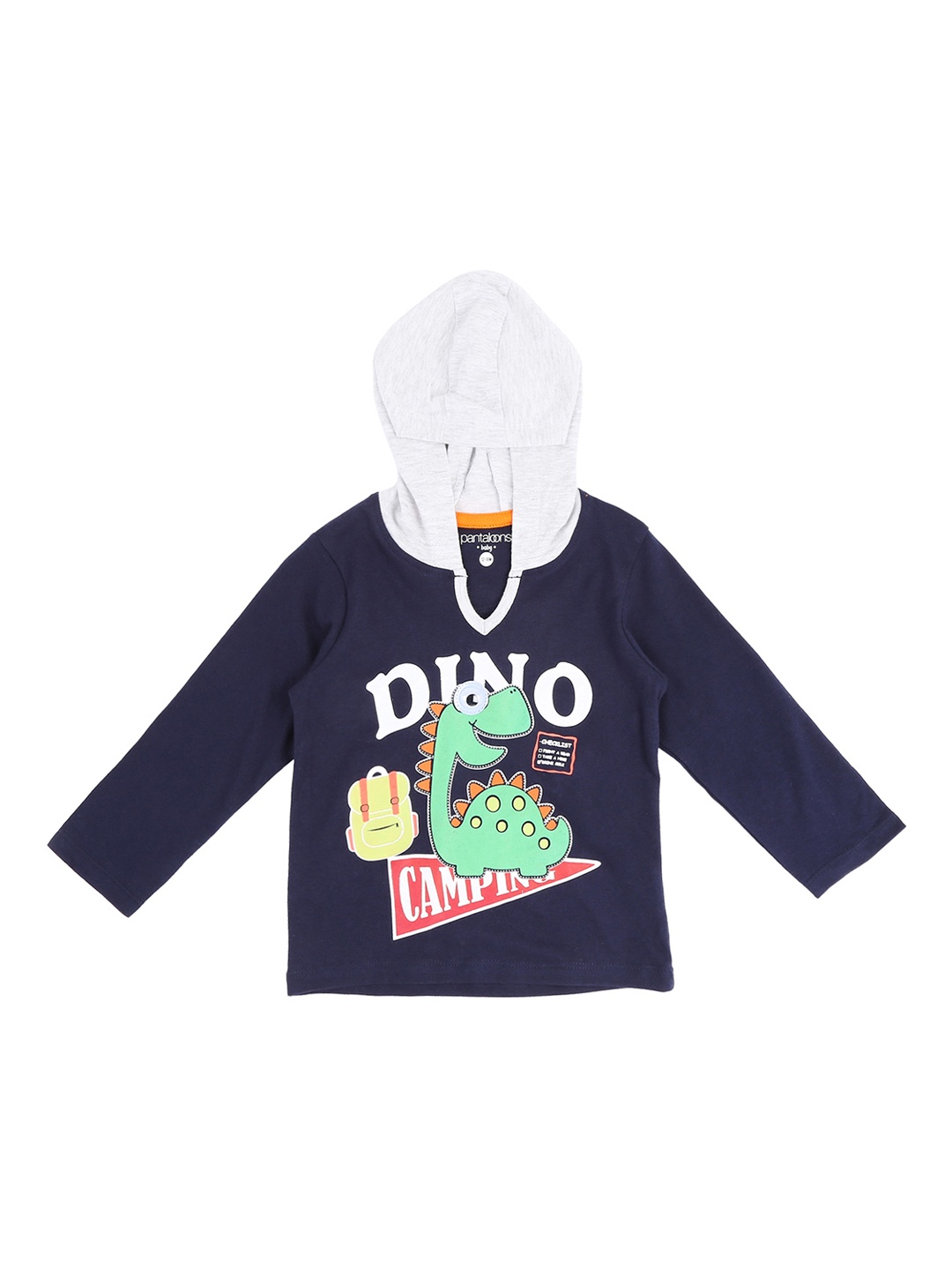 

Pantaloons Baby Boys Navy Blue Printed Hood Pure Cotton T-shirt