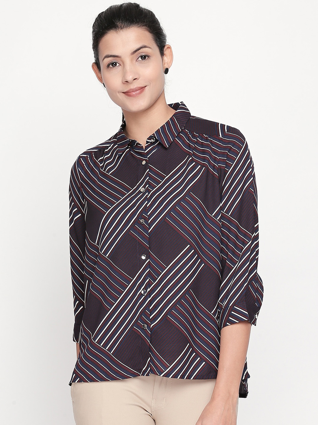 

Annabelle by Pantaloons Women Navy Blue & White Checked Shirt Style Top
