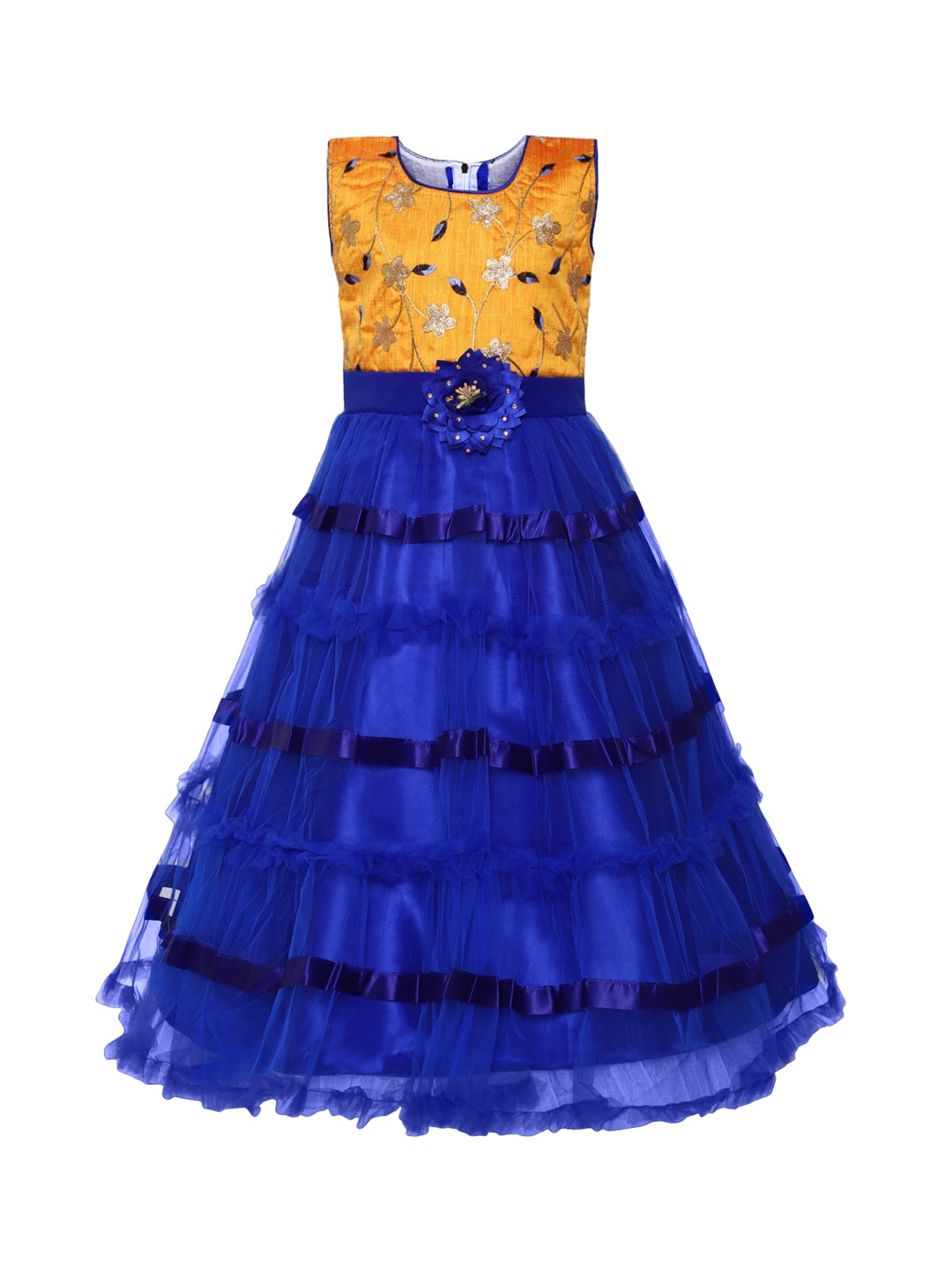 

Aarika Girls Yellow & Navy Blue Tiered Maxi Silk Dress