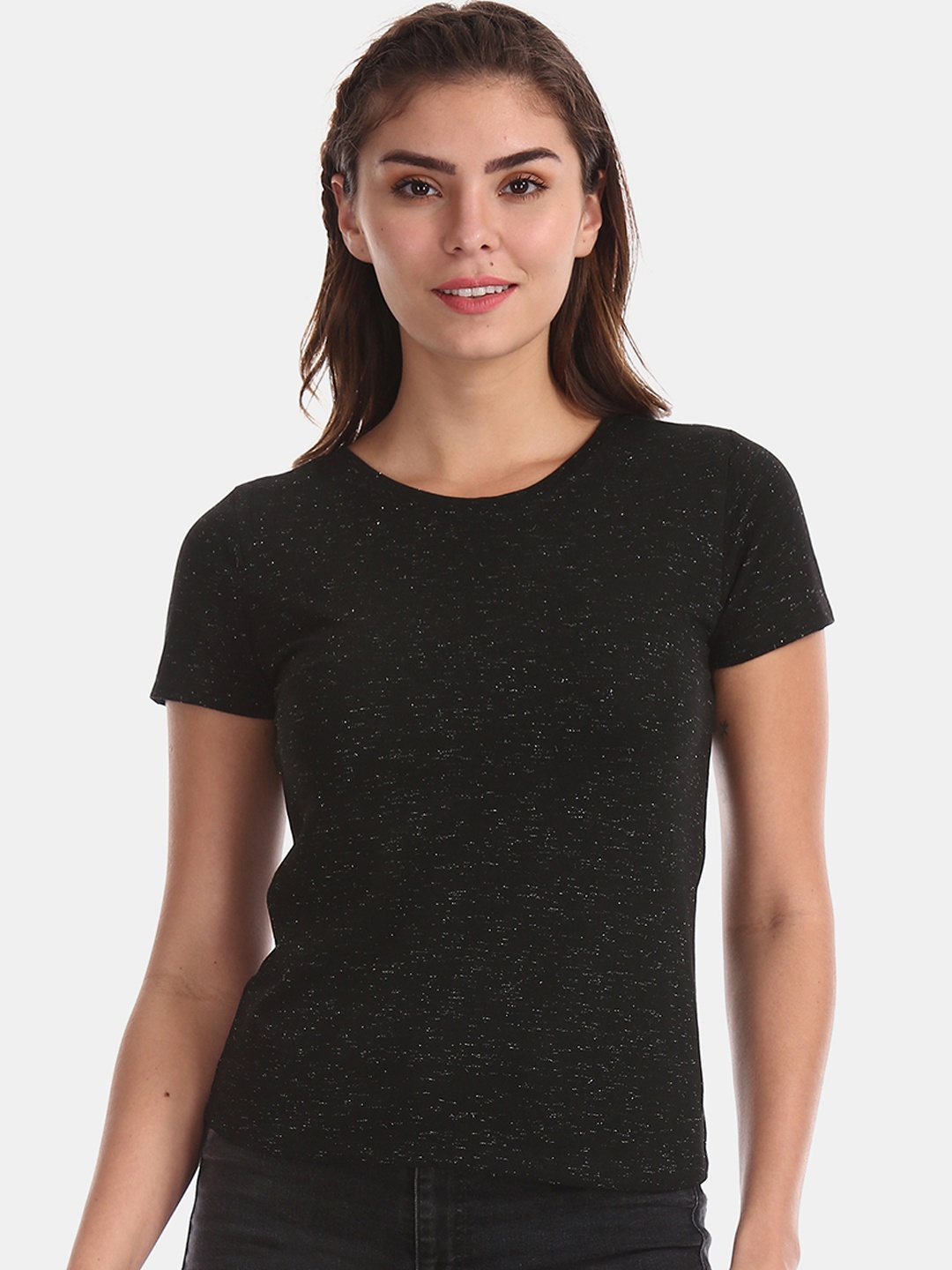 

Flying Machine Women Black Self Design Round Neck T-shirt