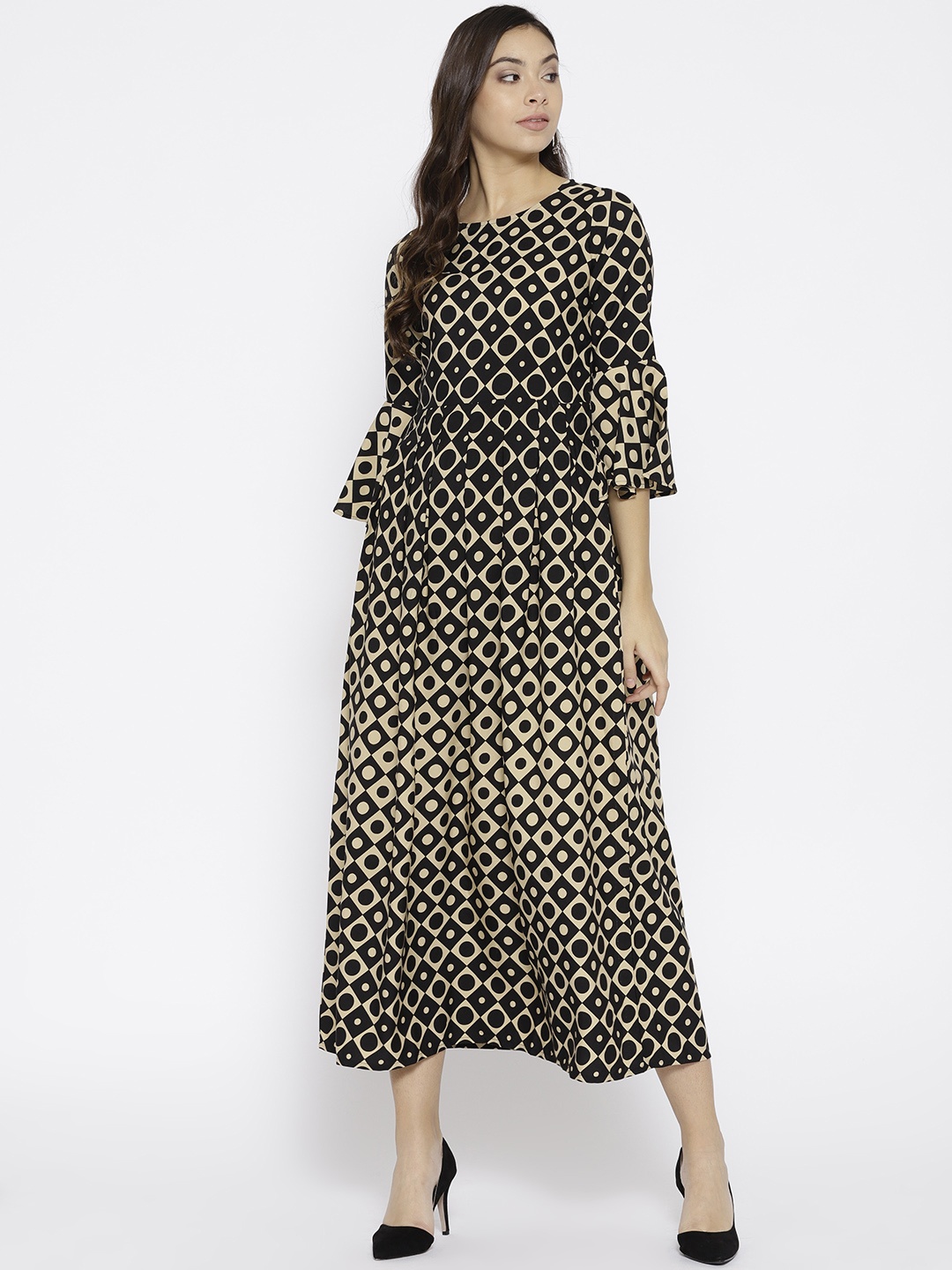 

Cottinfab Women Beige & Black Printed Fit and Flare Dress
