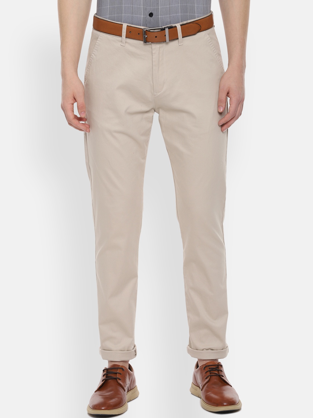 

People Men Cream-Coloured Regular Fit Solid Chinos