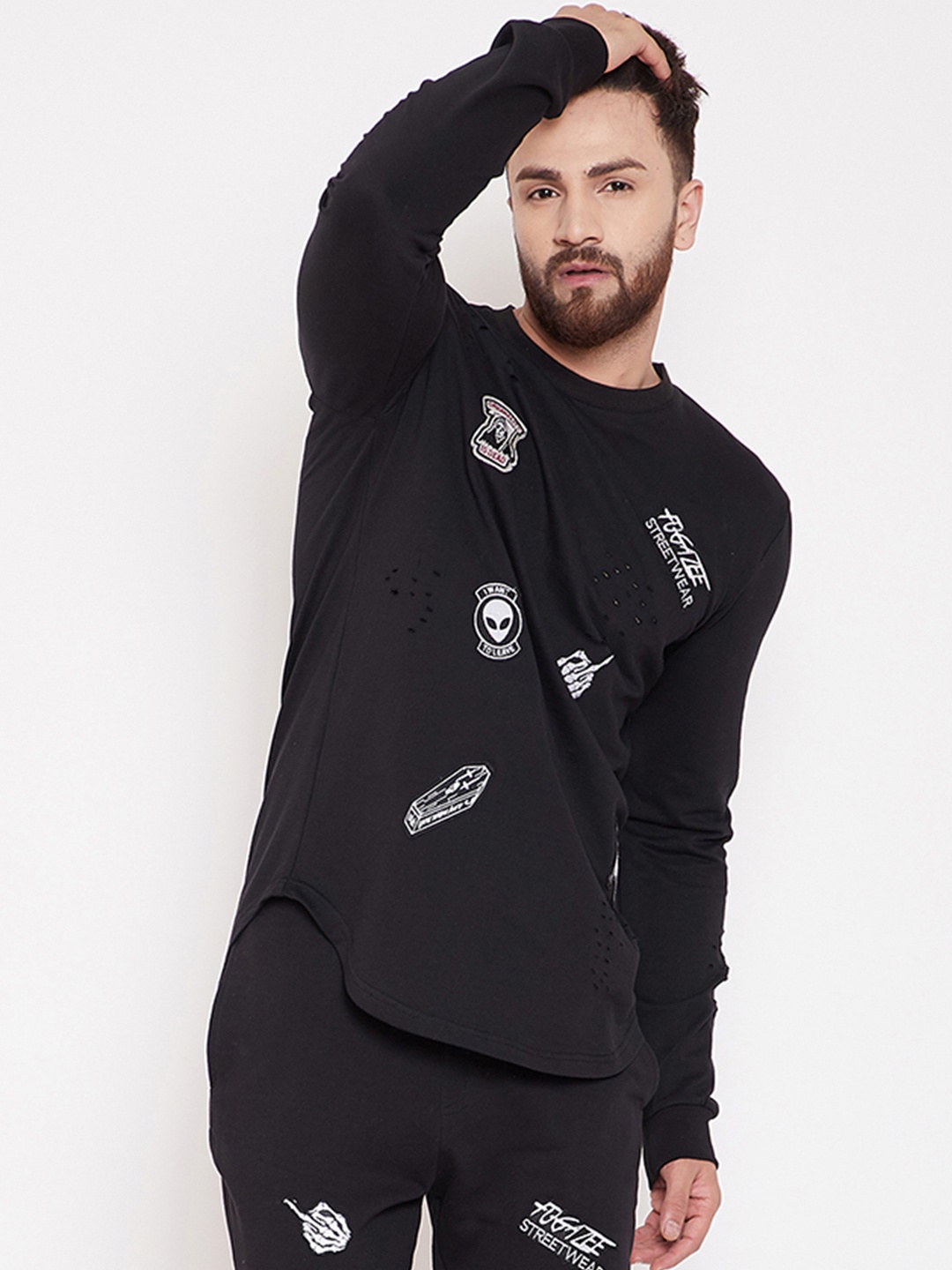 

FUGAZEE Men Black Patched Distressed Sweatshirt