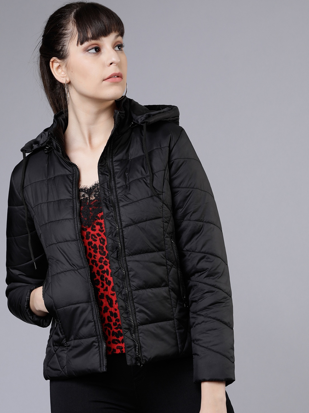

Tokyo Talkies Women Black Solid Hooded Jacket