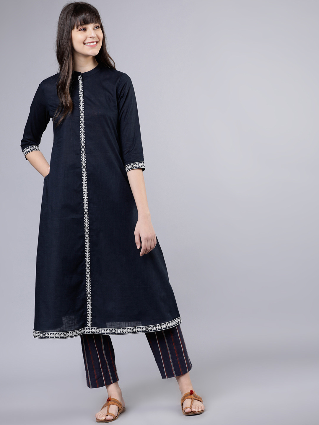 

Vishudh Women Navy Blue Embroidered A-Line Kurta