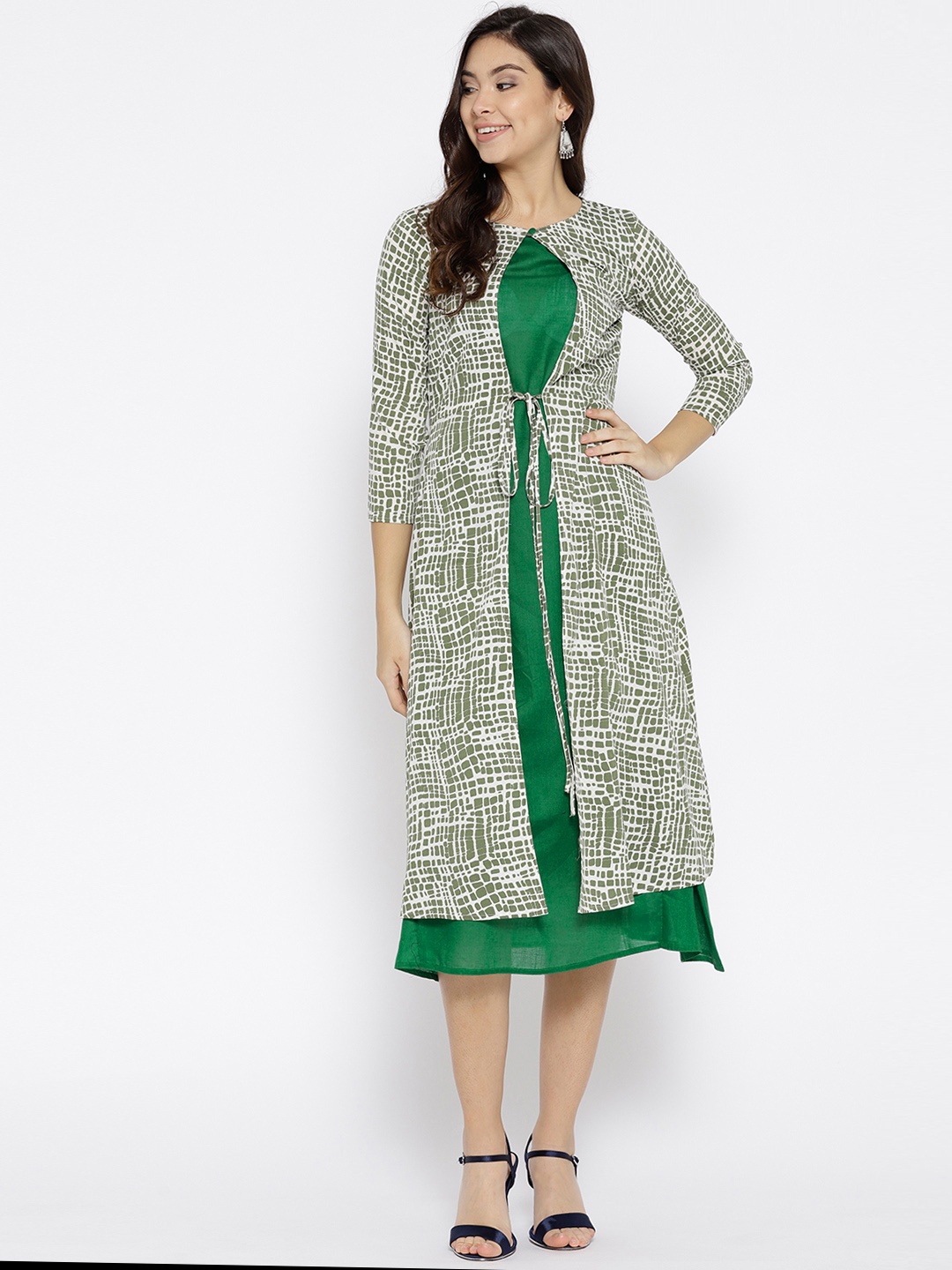 

Cottinfab Women White & Green Checked Layered A-Line Dress