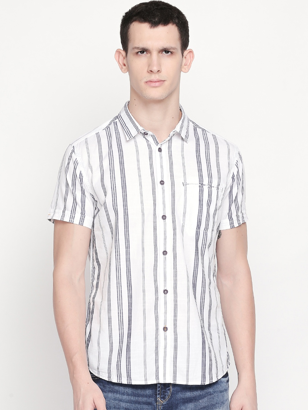 

Urban Ranger by pantaloons Men White & Grey Slim Fit Striped Casual Shirt