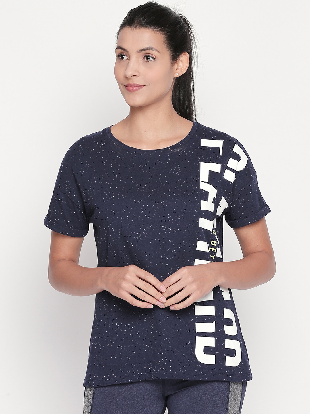 

Ajile by Pantaloons Women Navy Blue White Printed Round Neck Pure Cotton T-shirt