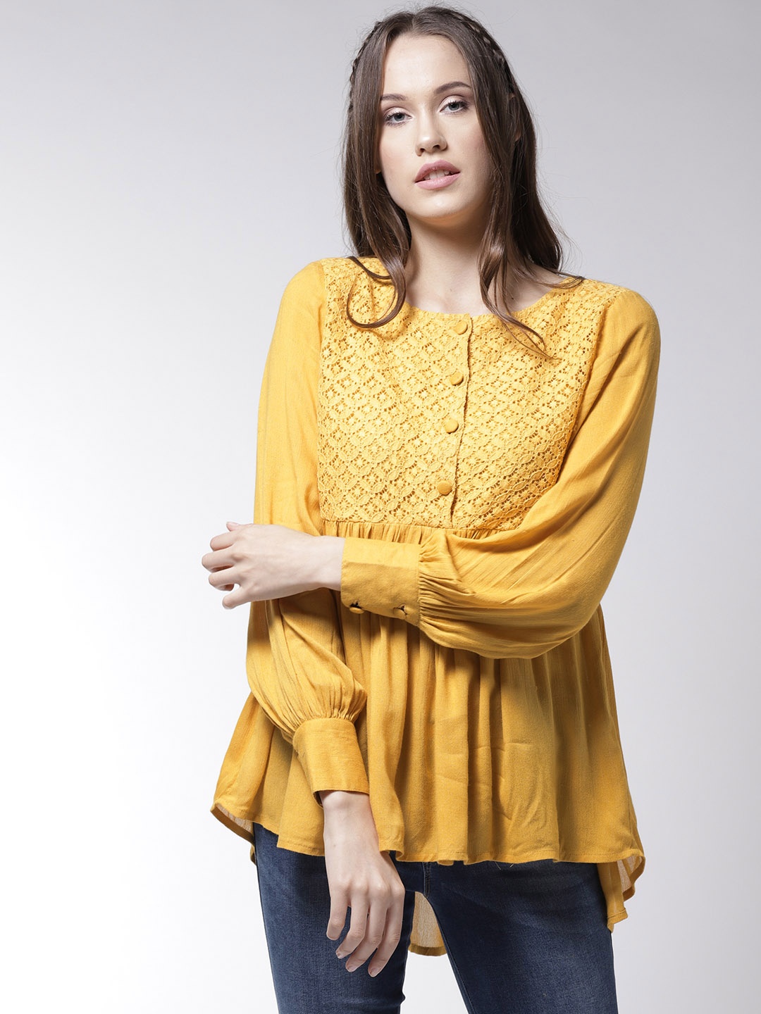 

La Zoire Women Mustard Yellow Self Design High-Low Top