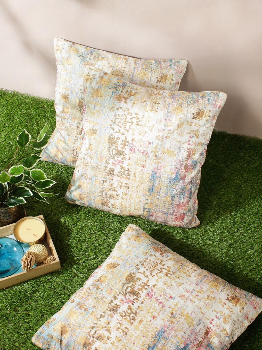 

ROMEE Multicoloured Set of 3 Ethnic Motifs Square Cushion Covers, Multi