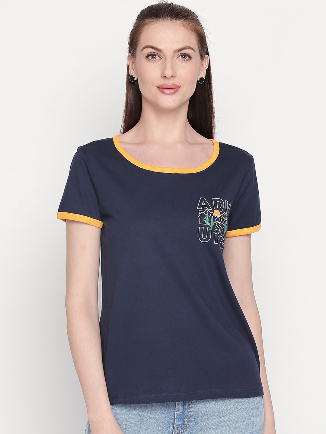 

Honey by Pantaloons Women Navy Blue Printed Round Neck Pure Cotton T-shirt