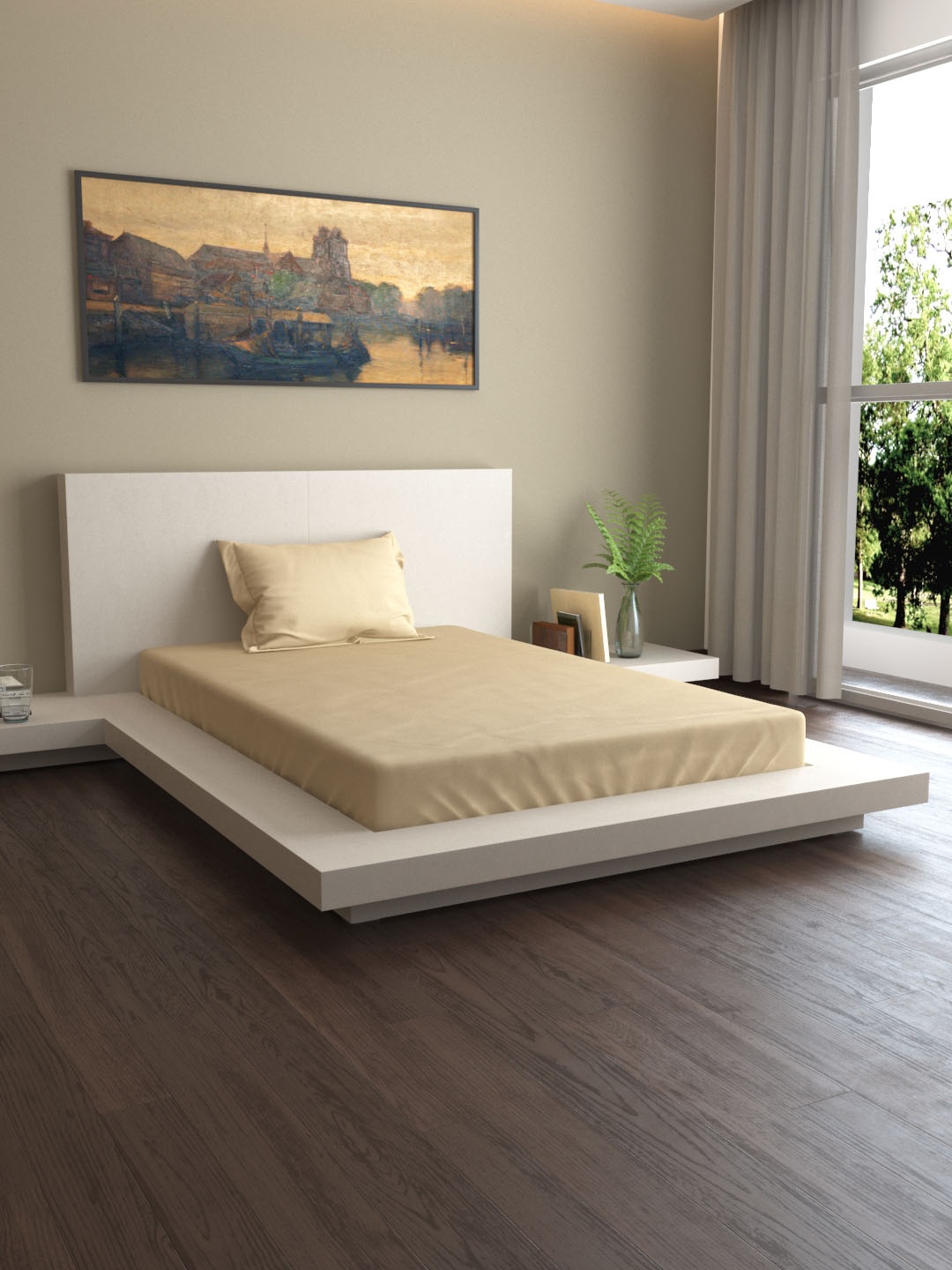 

MARK HOME Beige Solid 400 TC Organic Cotton 1 Single Bedsheet with 1 Pillow Cover