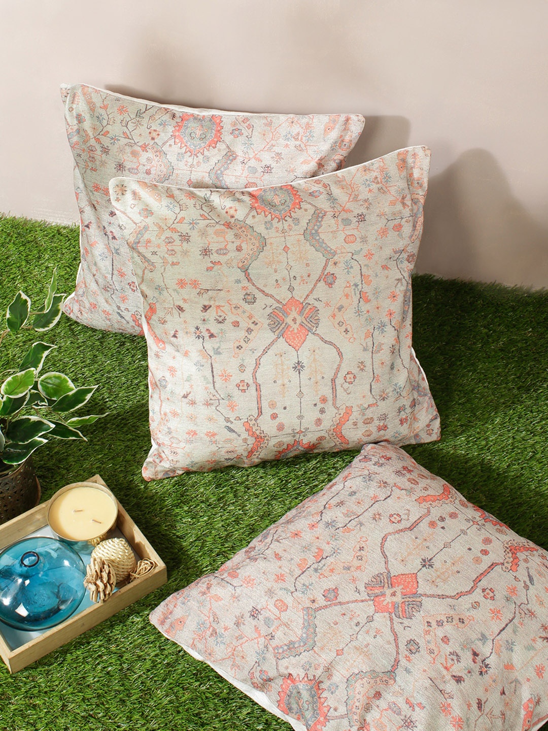 

ROMEE Multicoloured Set of 3 Ethnic Motifs Square Cushion Covers, Multi