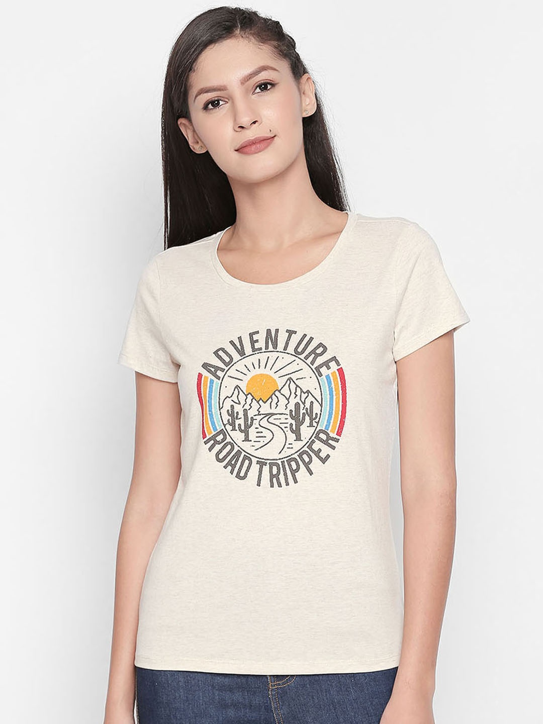 

Honey by Pantaloons Women Beige Printed Round Neck Pure Cotton T-shirt