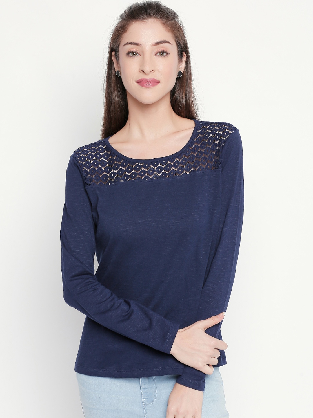 

Honey by Pantaloons Women Navy Blue Self Design Pure Cotton Top