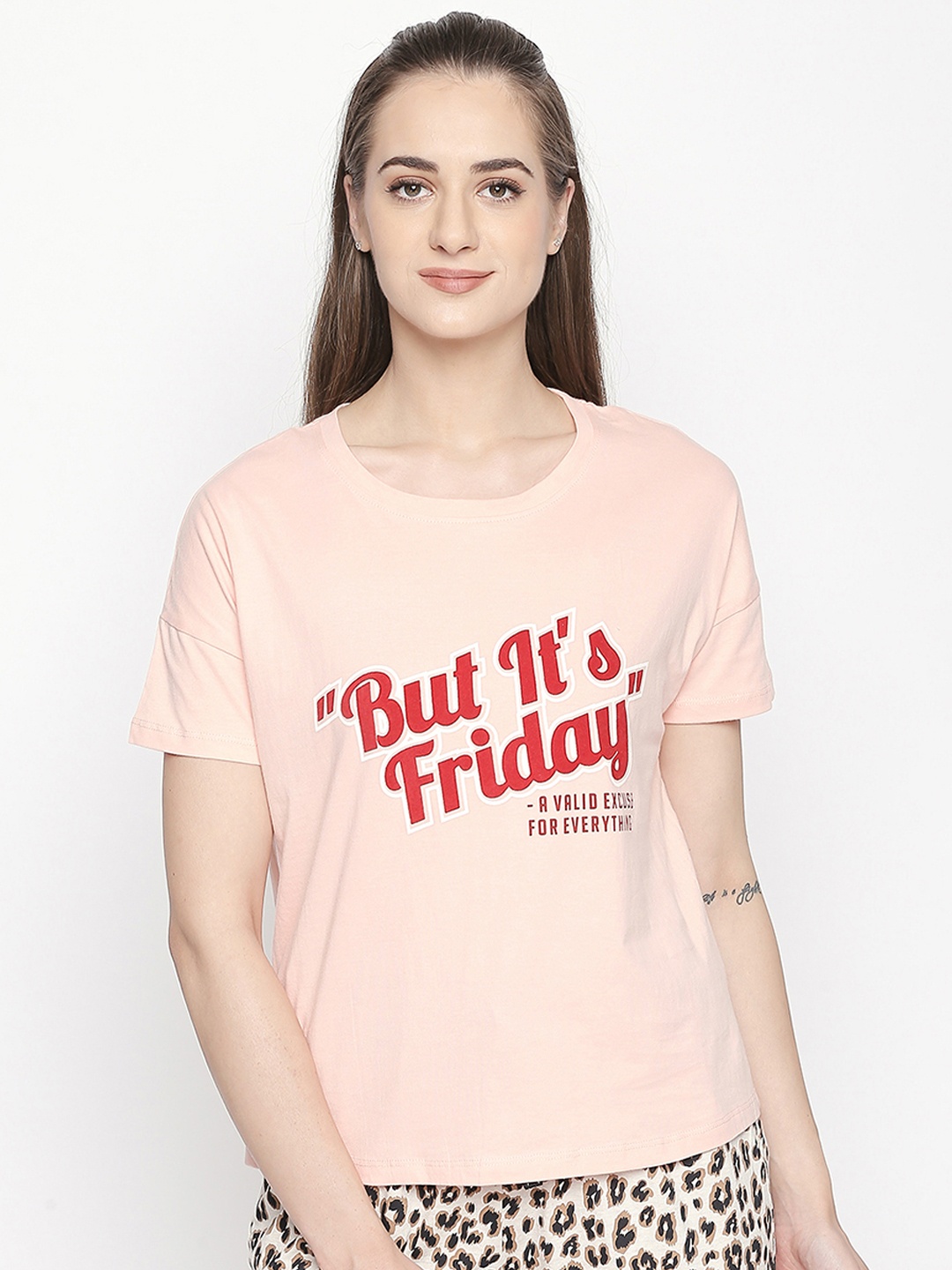 

Dreamz by Pantaloons Women Peach-Coloured Printed Lounge T-shirt 205000005977511