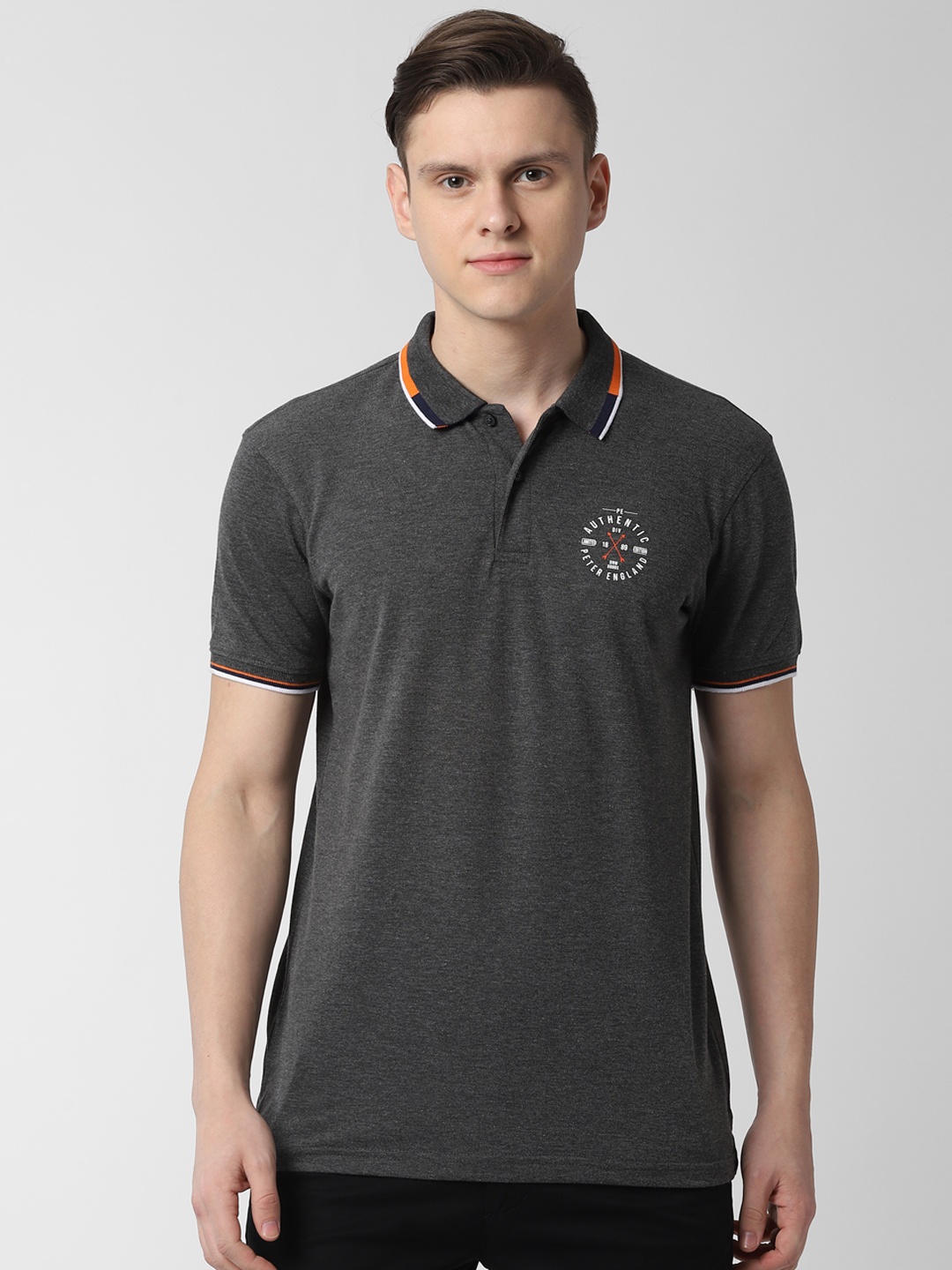 

Peter England Casuals Men Charcoal Grey Solid Polo Collar T-shirt