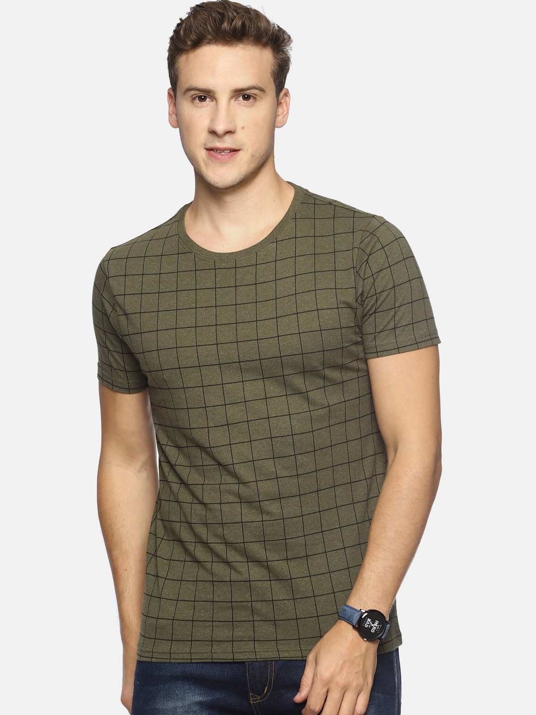 

Steenbok Men Green Checked Round Neck T-shirt