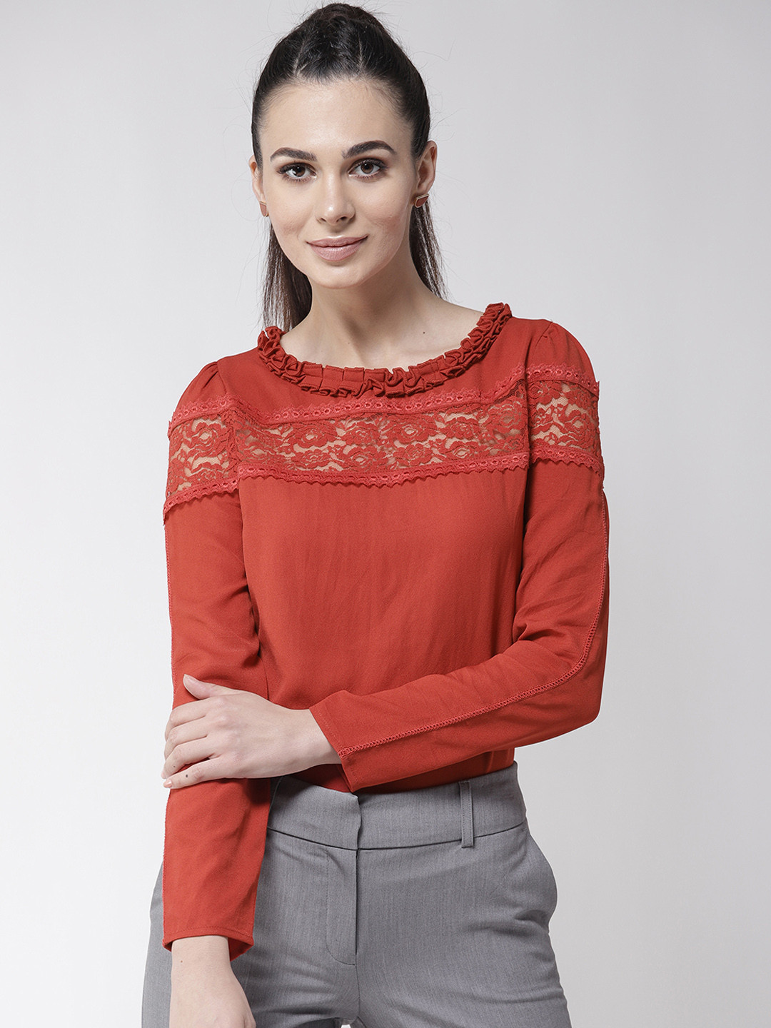 

La Zoire Women Rust Red Self Design Top
