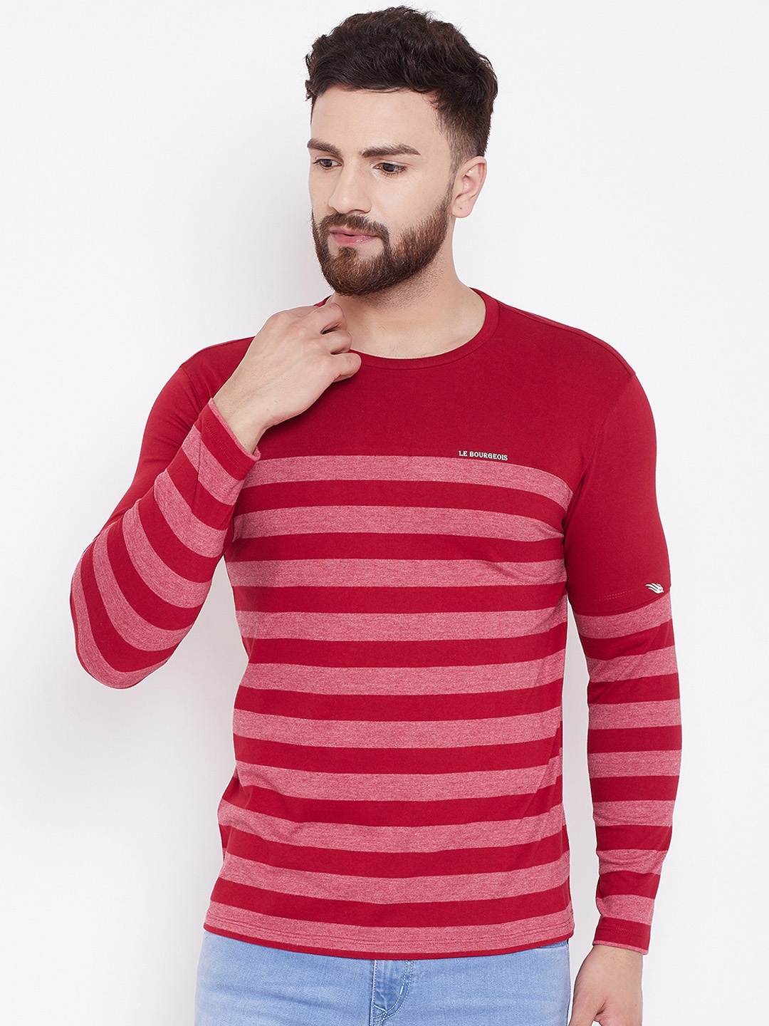 

LE BOURGEOIS Men Maroon Striped Round Neck T-shirt