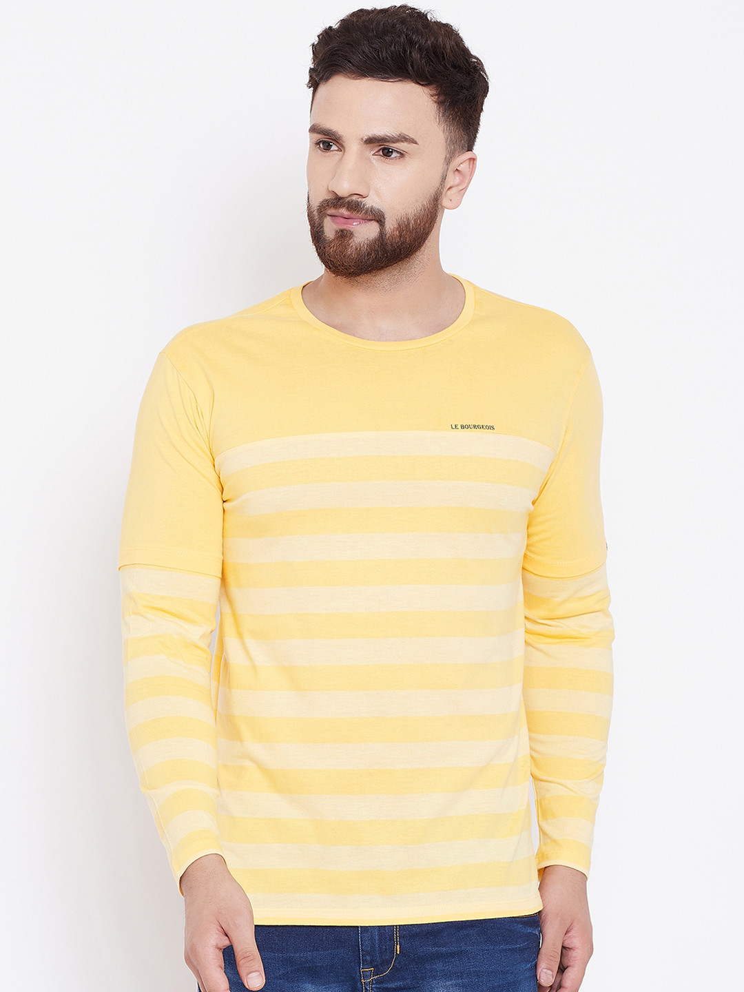 

LE BOURGEOIS Men Yellow Striped Round Neck T-shirt