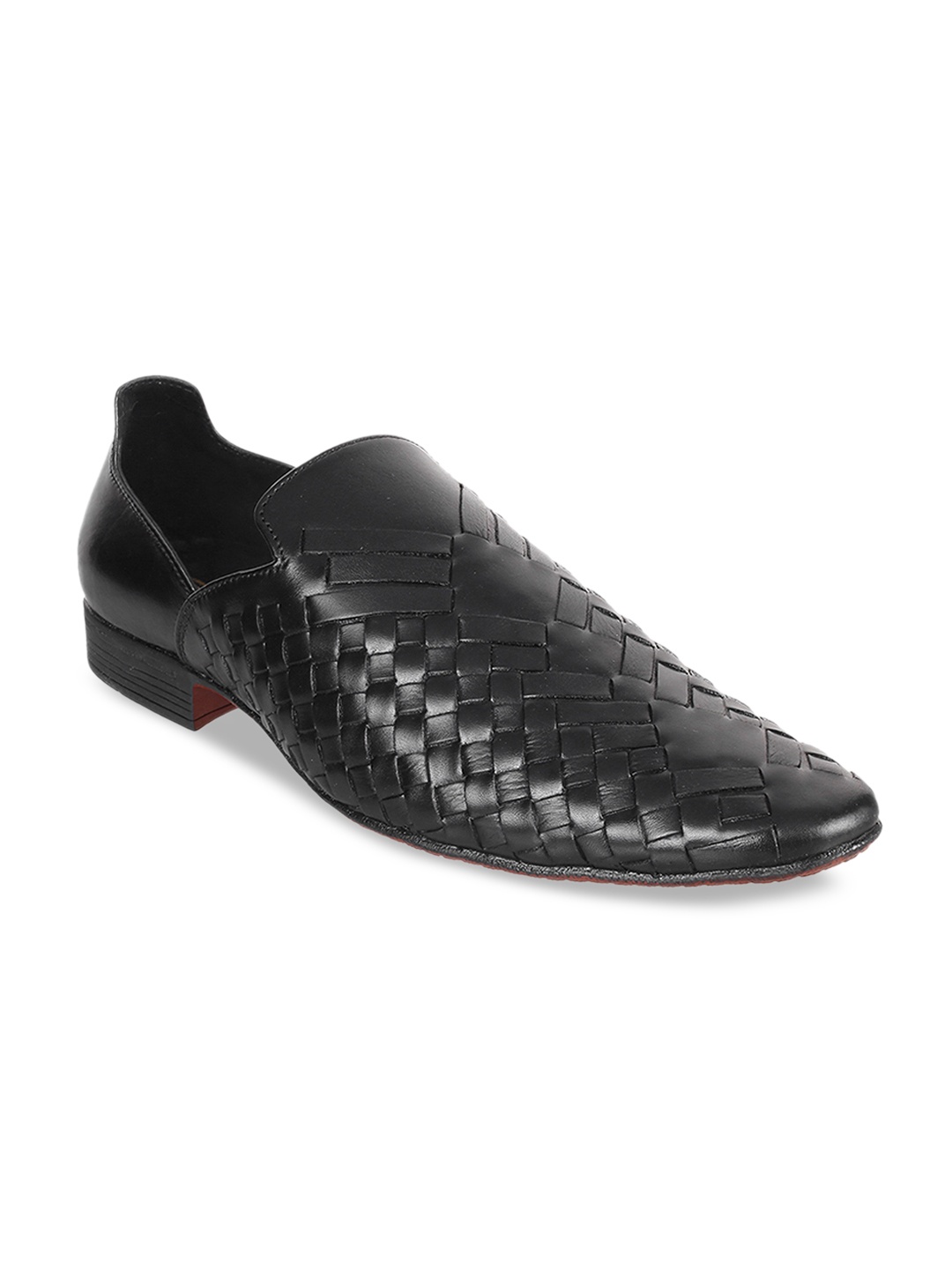 

Metro Men Black Woven Design Leather Formal Slip-On Shoes