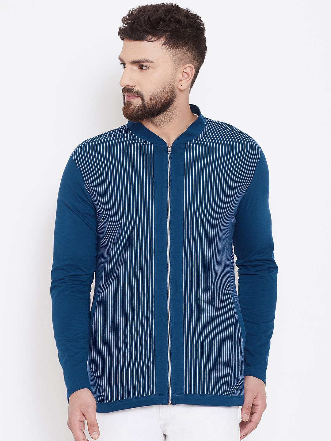 

Hypernation Men Blue Striped Lightweight Tailored Jacket