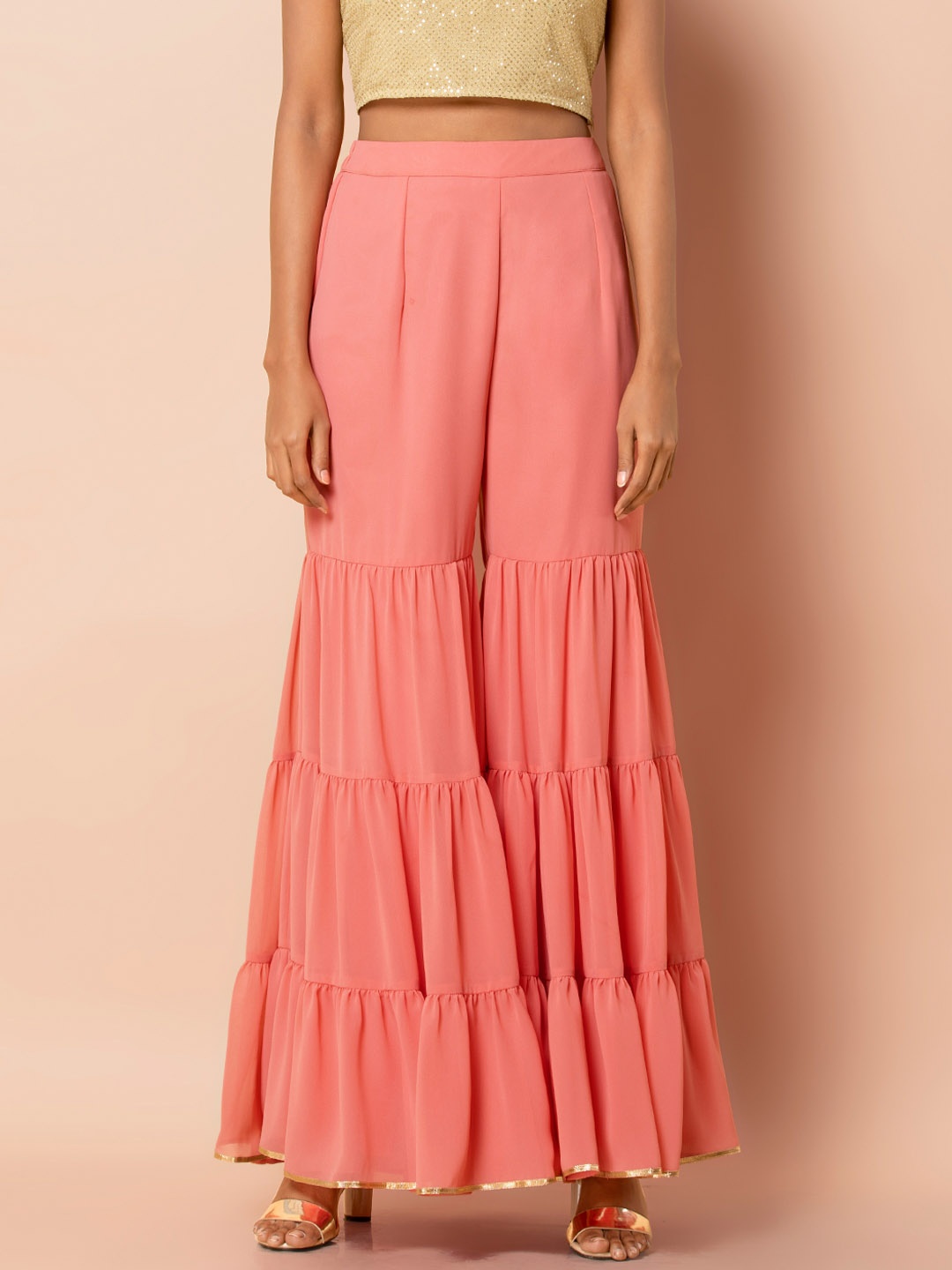 

INDYA Women Pink Solid Flared Tiered Sharara