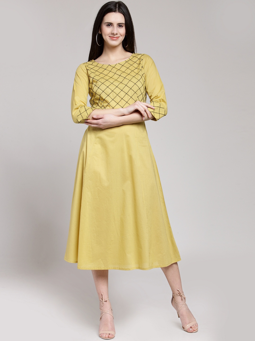 

plusS Women Yellow Checked A-Line Kurta