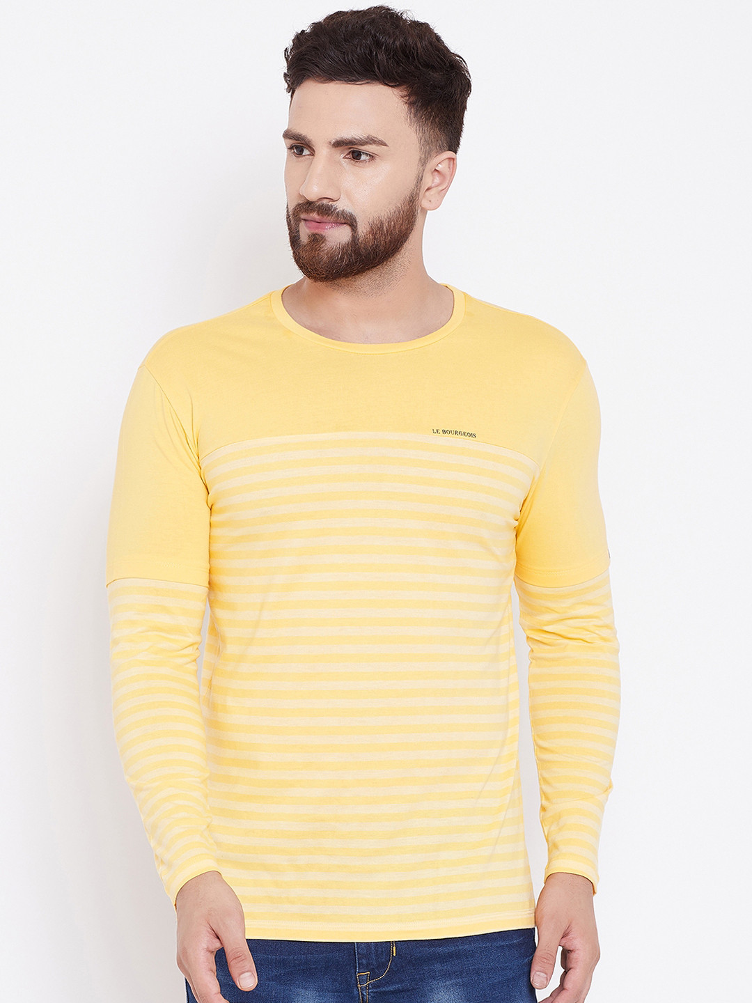 

LE BOURGEOIS Men Yellow Striped Round Neck T-shirt