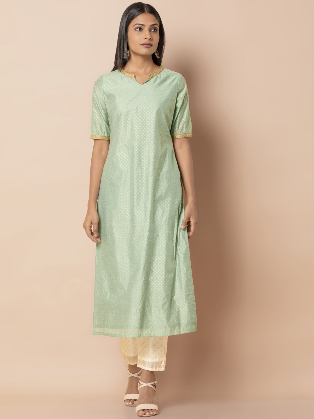

INDYA Women Sea Green & Gold-Toned Woven Design Foil Chanderi Straight Kurta
